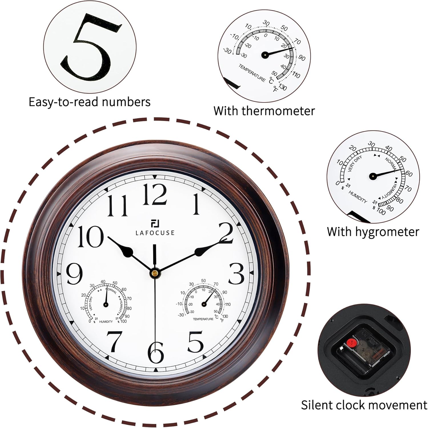 Lafocuse 12 Inch Brown Outdoor Wall Clocks with Temperature and Humidity