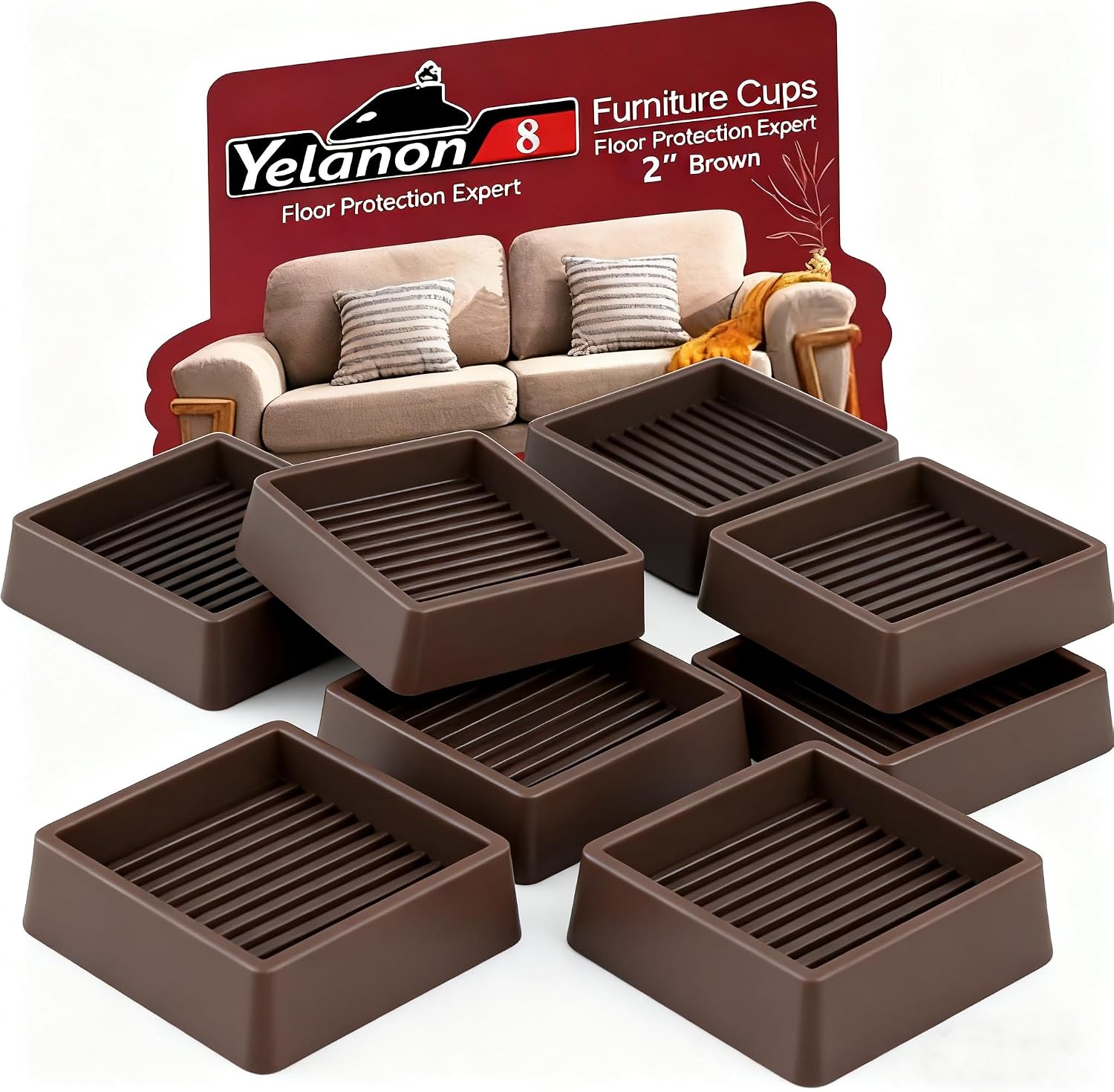 Yelanon Furniture Coasters 8 Pcs 3" Square Brown Caster Cups for Hardwood