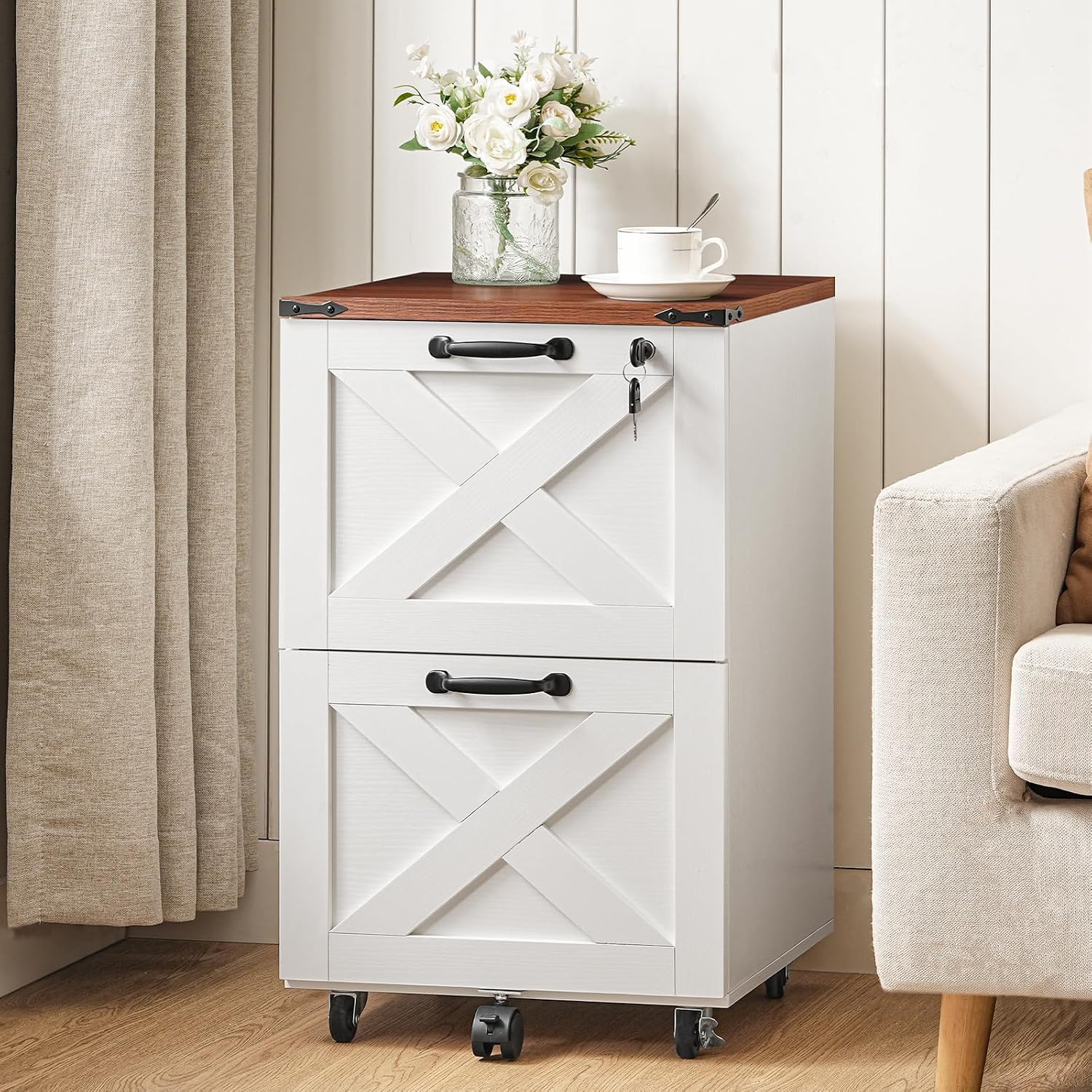 HOOBRO 3 Drawer File Cabinet with Lock, Mobile Filing Cabinet for Home Office, Wooden Farmhouse Office Storage Cabinet, Printer Stand Fits Letter and A4 Size, Walnut and White WH93WJ01G1