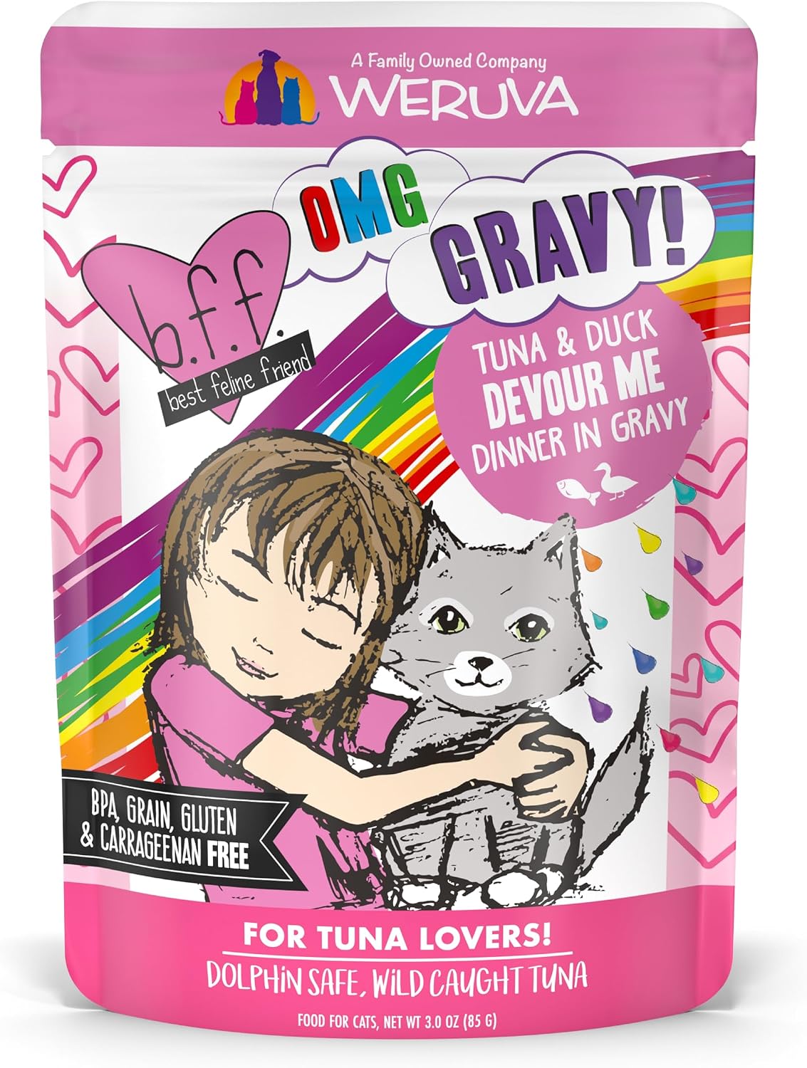 Weruva B.F.F. OMG - Best Feline Friend Oh My Gravy!, Tuna & Salmon Sweet Cheeks with Tuna & Salmon in Gravy Cat Food, 3oz Pouch (Pack of 12)