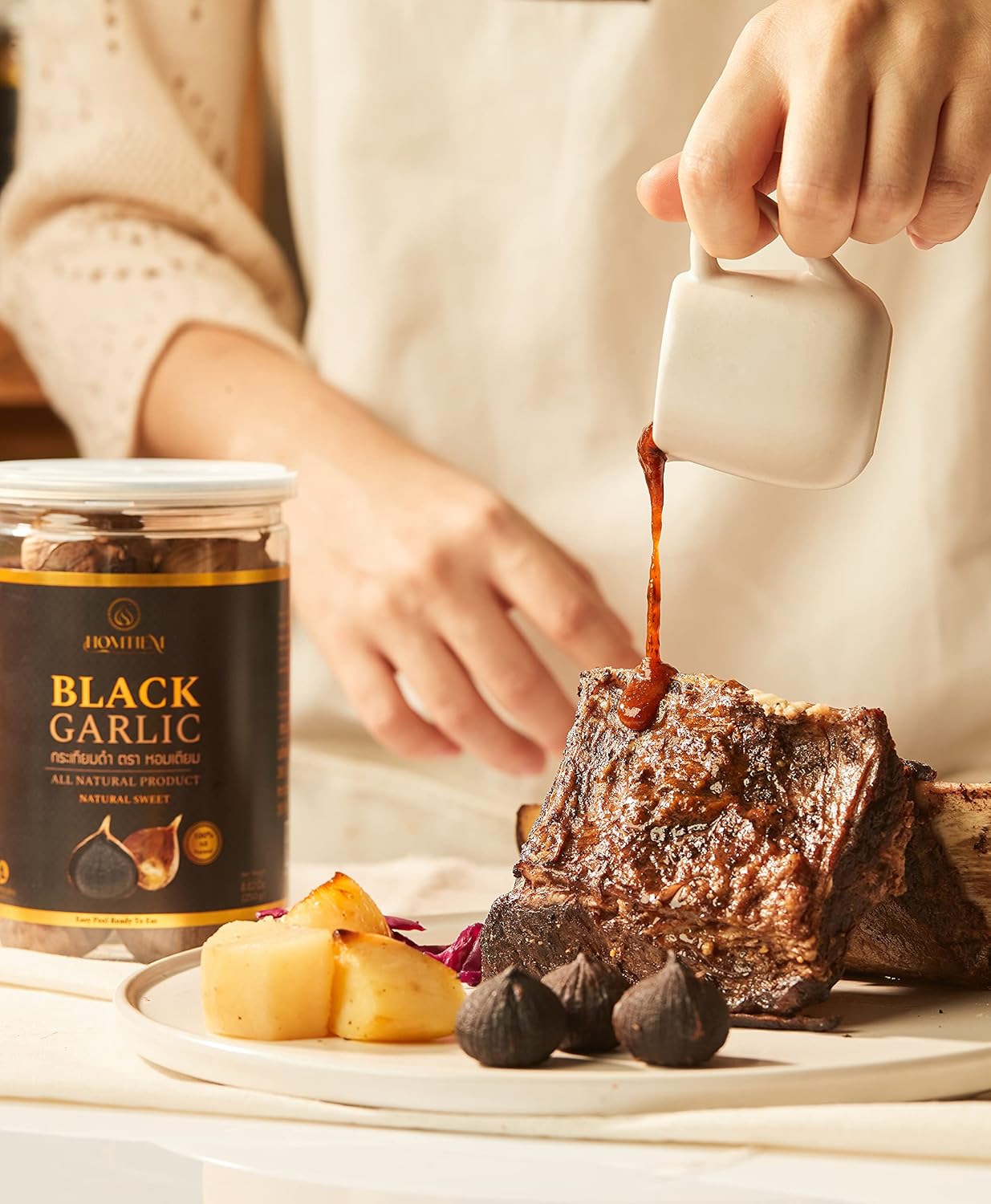 Homtiem Black Garlic Puree 150g. (Made from Solo Black Garlic 100%), Whole Black Garlic Fermented for 90 Days, Non-GMOs, High in Antioxidants