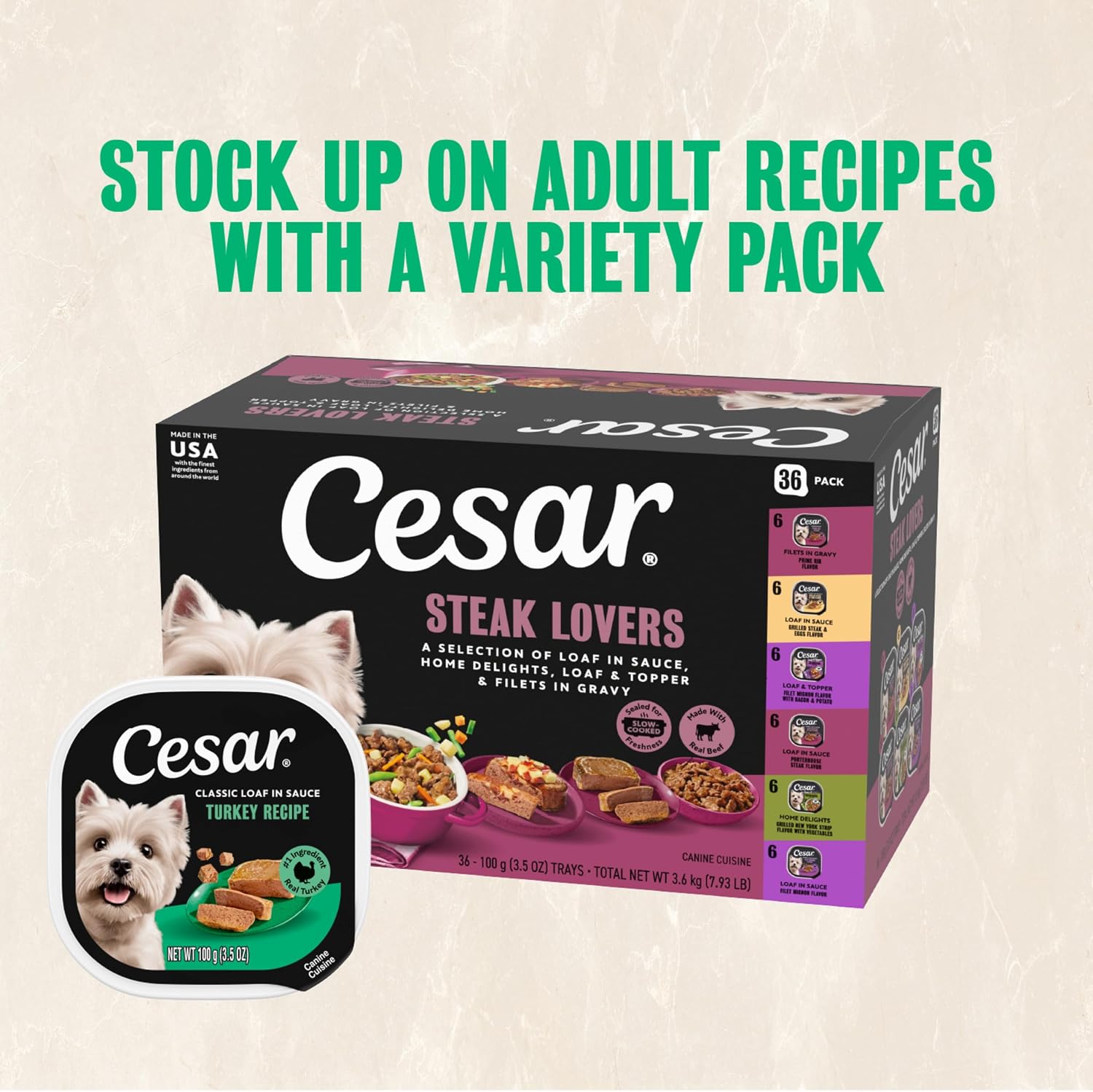 Cesar Wet Dog Food, Steak Lovers Variety Pack, 3.5 oz, 36 Count | Real meat #1 ingredient, easy peel trays, 100% complete & balanced, no fillers, no added sugar, no artificial flavors