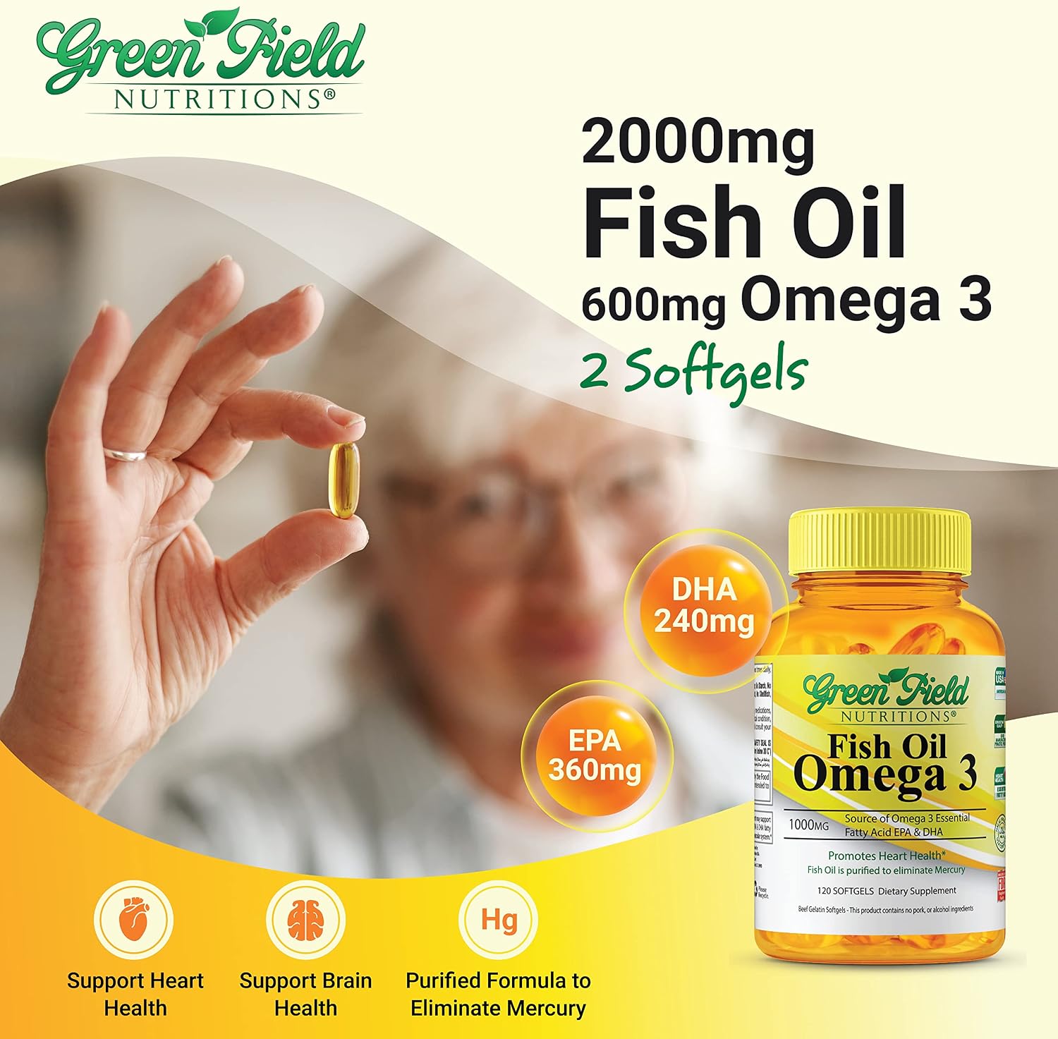 Greenfield Nutritions Halal Fish Oil 1000mg, 300mg Halal Omega 3, Small Wild Peruvian Fish Oil Halal Vitamins, EPA 180 mg & DHA 120mg, Non-GMO