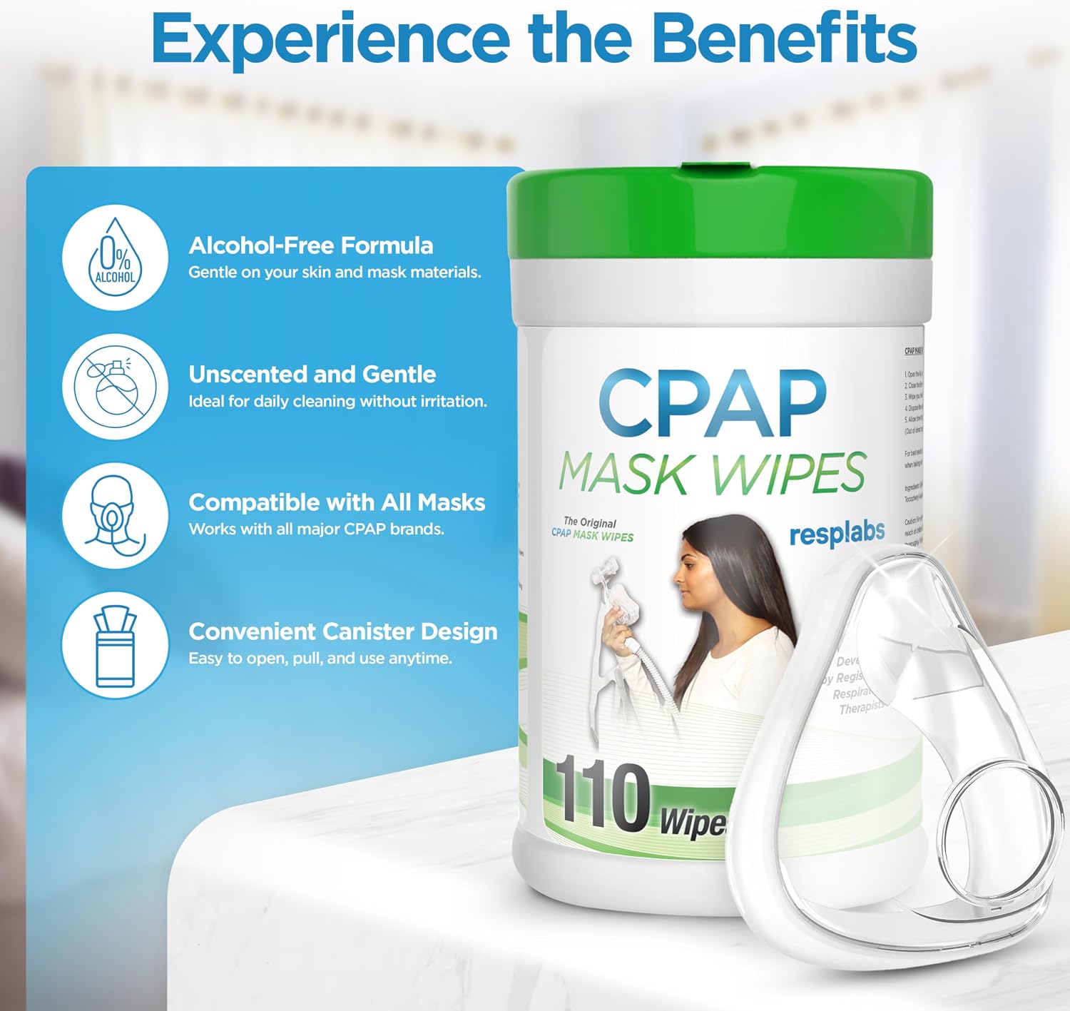 resplabs CPAP Mask Wipes Unscented Cleaner for Full Face, Nasal Masks & Supplies 110 Wipes