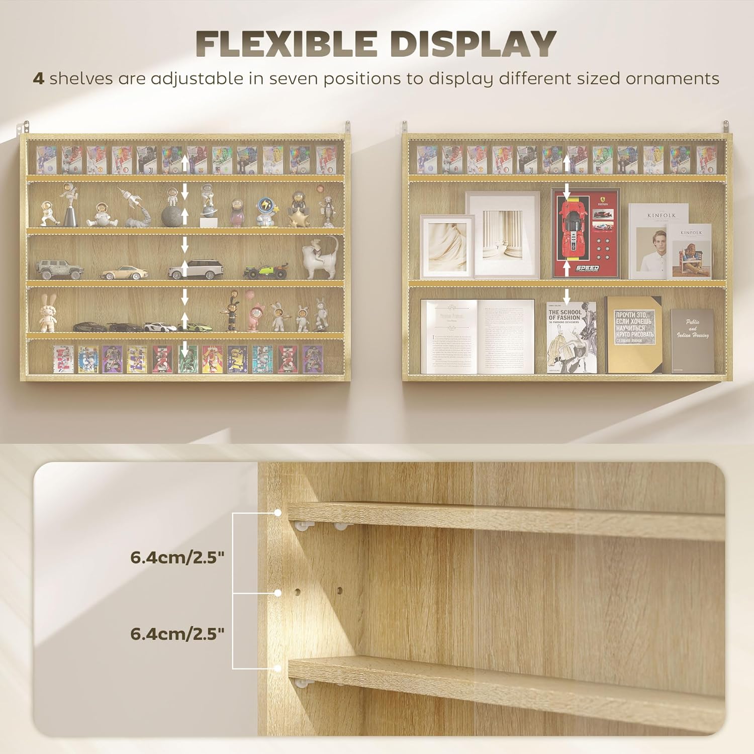 HOMCOM 5-Tier Display Cabinet, Glass Door Cabinet with Adjustable Shelves, Wall-Mounted Display Case for Playroom, Bedroom, Black