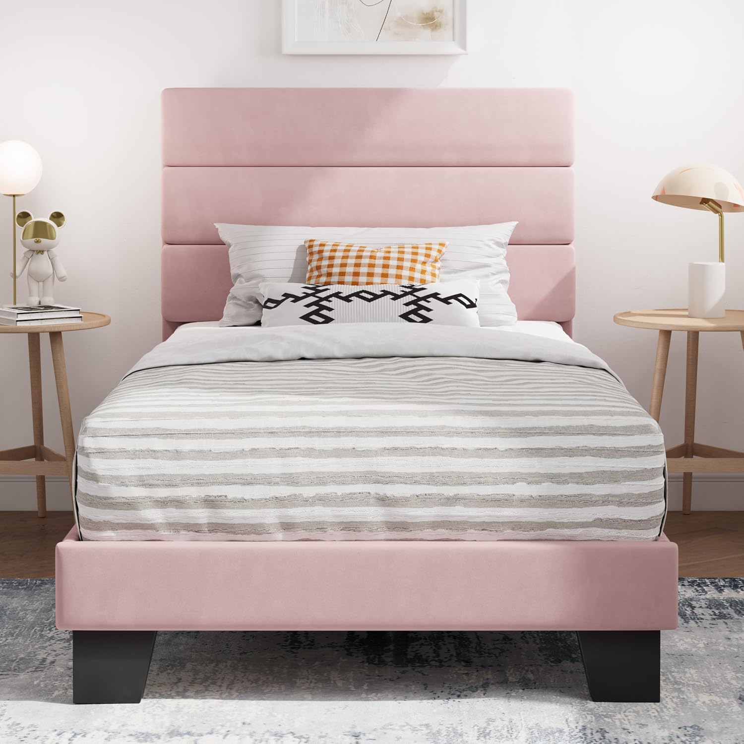 SHA CERLIN Full Platform Bed Frame with Upholstered Fabric Headboard, Grey