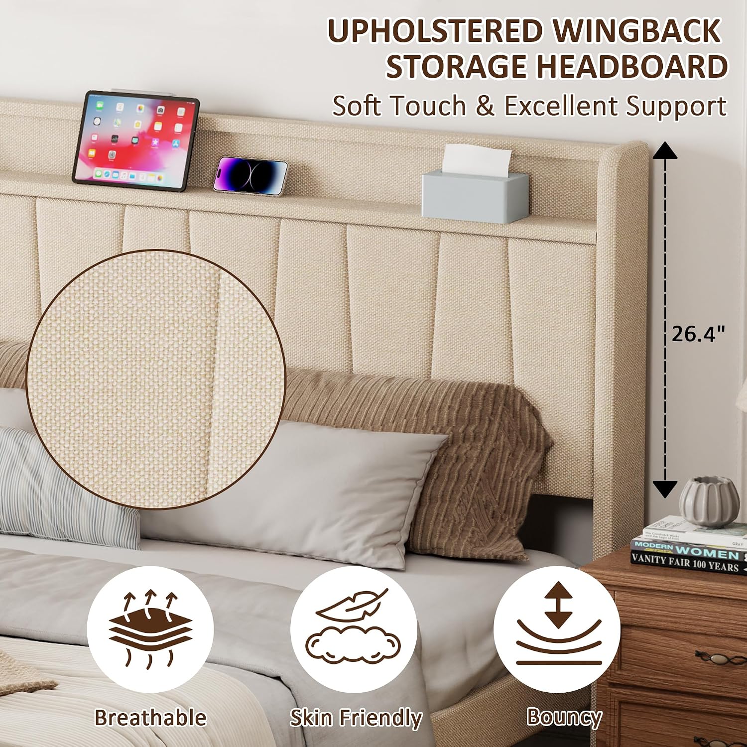 King Size Bed Frame with Headboard, Platform Bed with Upholstered Wingback Storage Headboard, Slats Support, No Box Spring Needed Beige