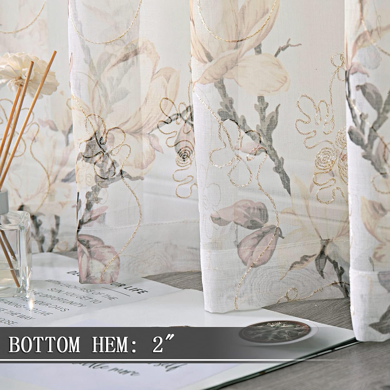 Tollpiz Floral Grey Sheer Curtain Flower Print Vine Embroidery Bedroom Curtains Rod Pocket Voile Window Curtain for Living Room, 54 x 84 inches Long