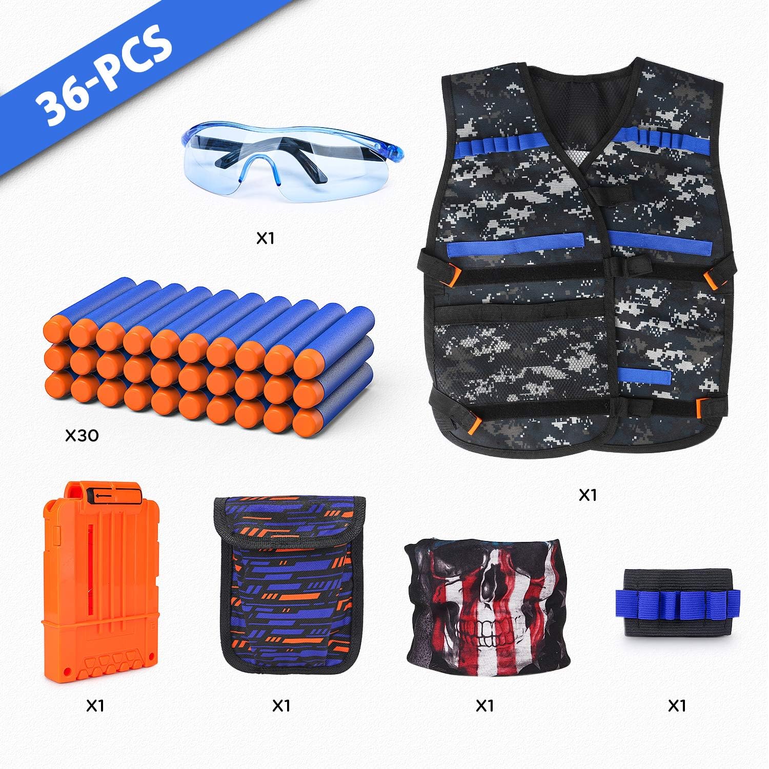 KKONES Kids Nerf Guns Tactical Vest Kit Darts Pouch Clips Mask Glasses