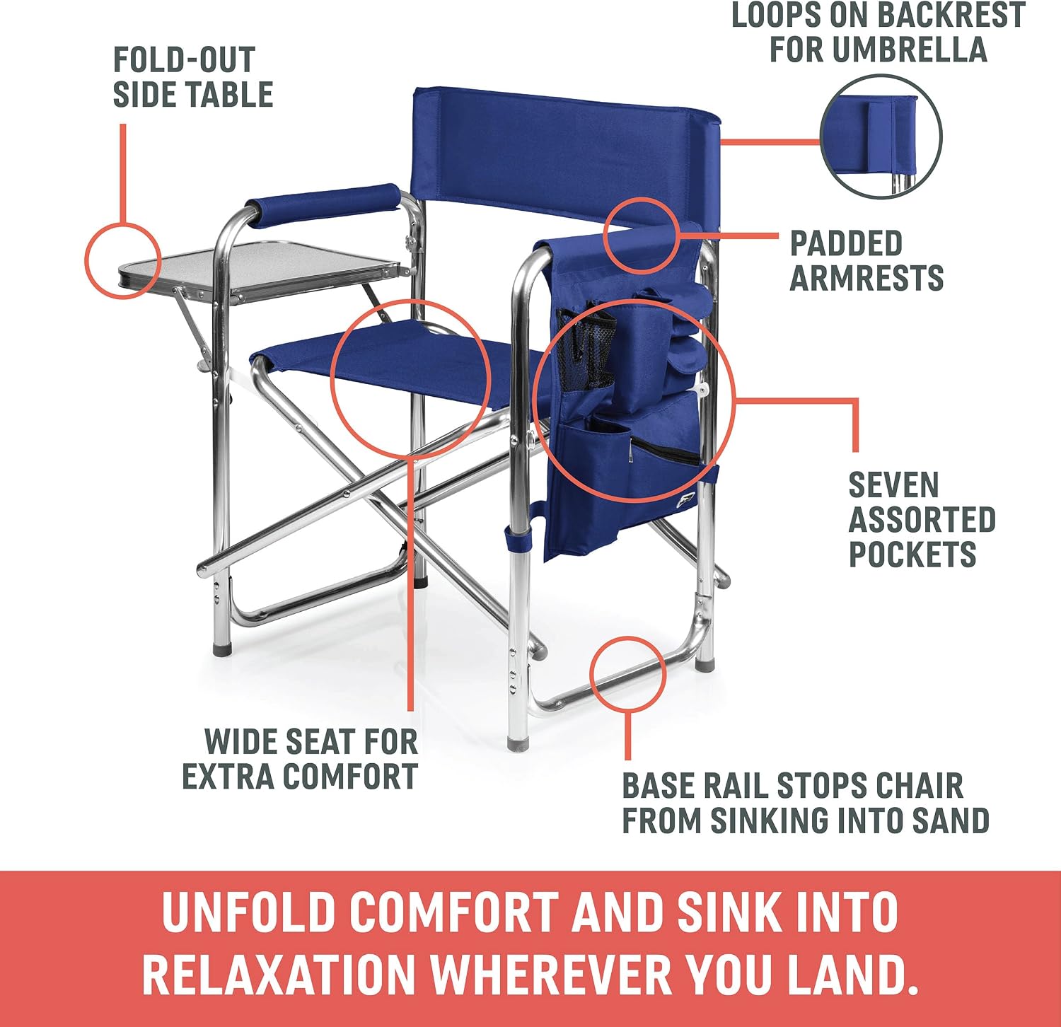 PICNIC TIME Sports Chair with Side Table and Armrest Caddy, Lightweight Aluminum Folding Outdoor Camping Chair for Adults, Portable Director Style Lawn Seating with Pockets & Carry Strap, (Navy Blue)
