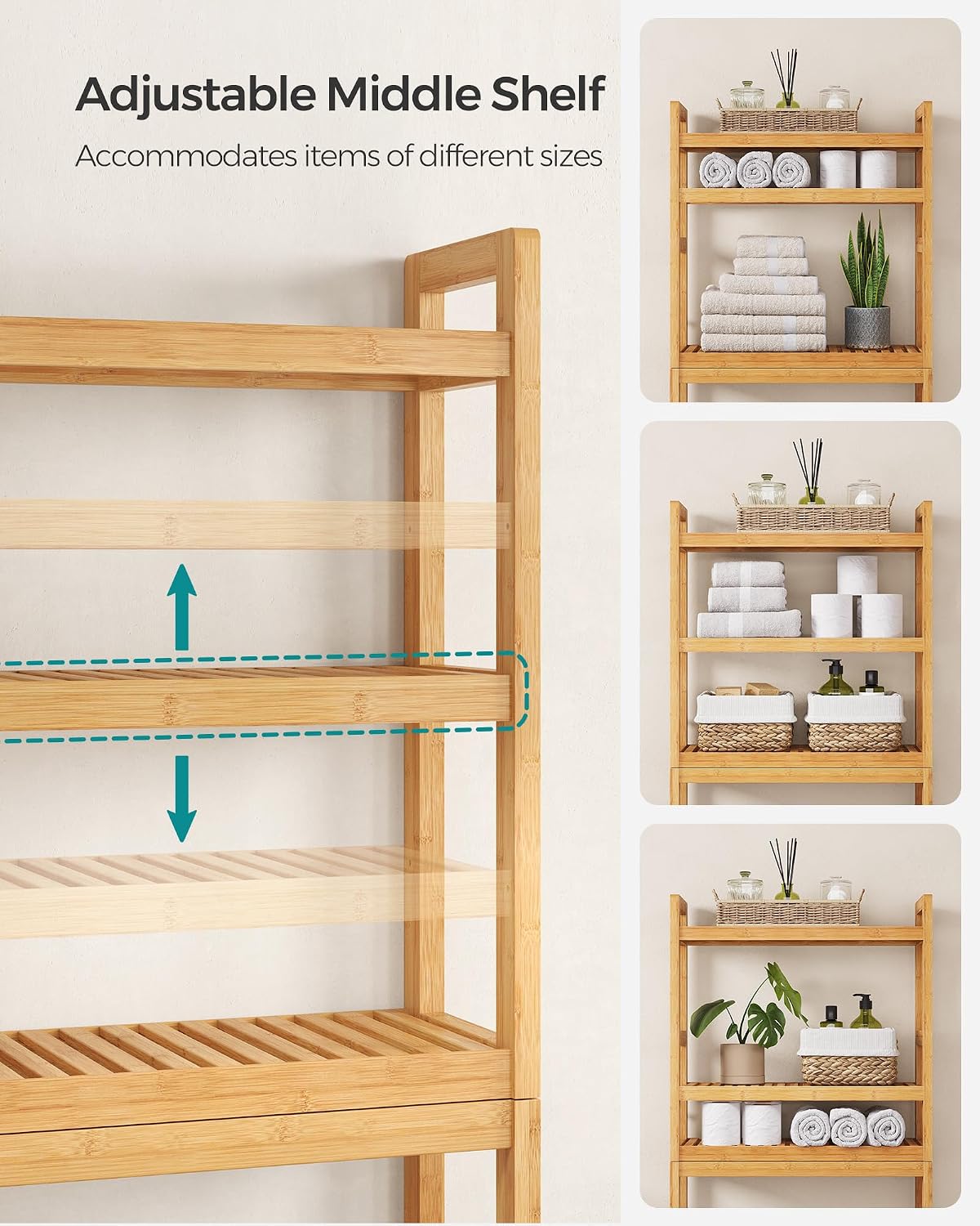 SONGMICS Over The Toilet Storage, 3-Tier Over Toilet Bathroom Organizer with Adjustable Shelf, 10.2 x 24.8 x 66.9 Inches, Space-Saving, Cloud White UBTS01WT