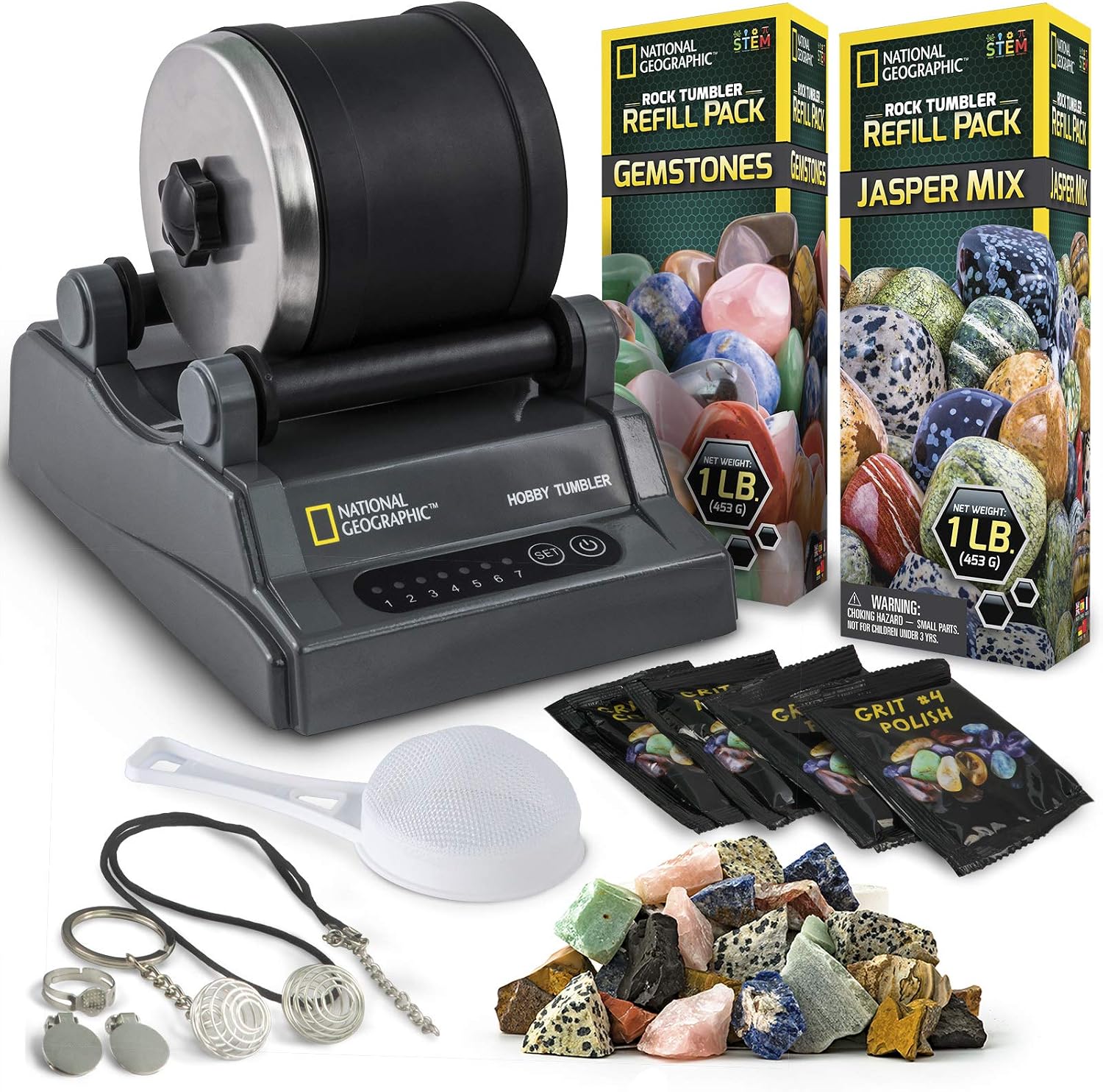 National Geographic Hobby Rock Tumbler Kit for Kids and Adults Ages 8+ | Rough Gemstones, 4 Polishing Grits, Rock Polisher, Geology Science Kit, Rock Tumbling for Kids and Adults, Birthday Gift