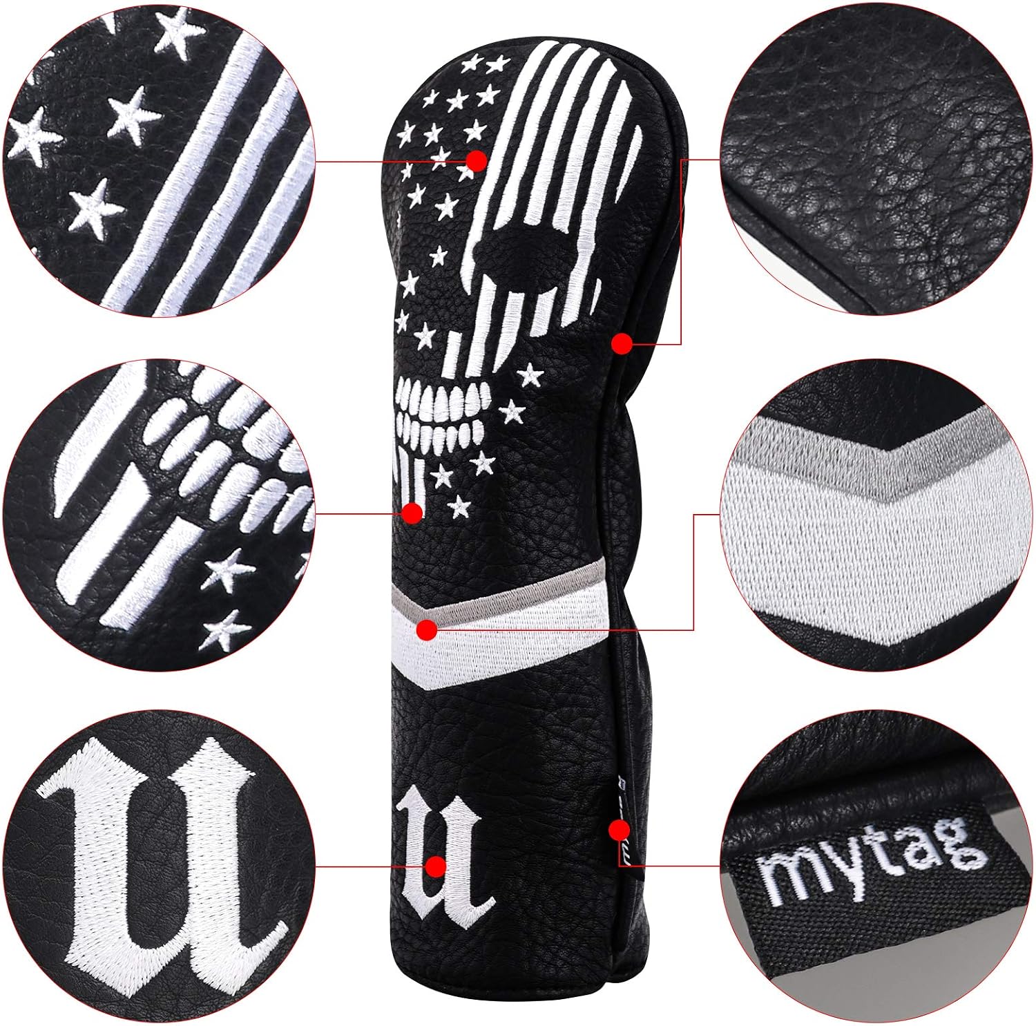 Skull Golf Head Covers Black Synthetic Leather Skeleton Golf Headcovers Set