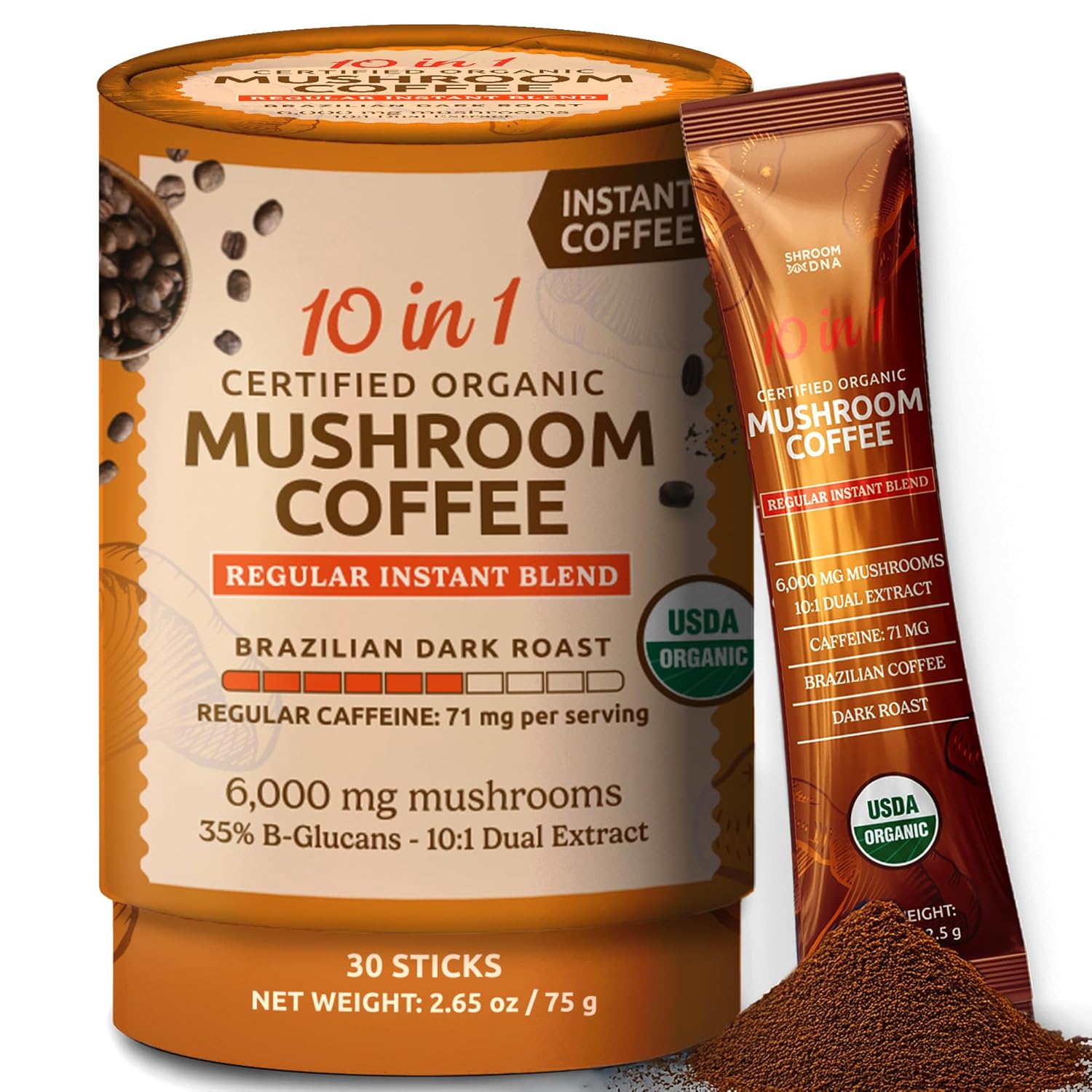 ShroomDNA Mushroom Coffee Blend with Chaga & Lion's Mane | Instant Focus + Clarity All Day | Organic + Vegan + Gluten Free | No Added Sugar | 20 Count