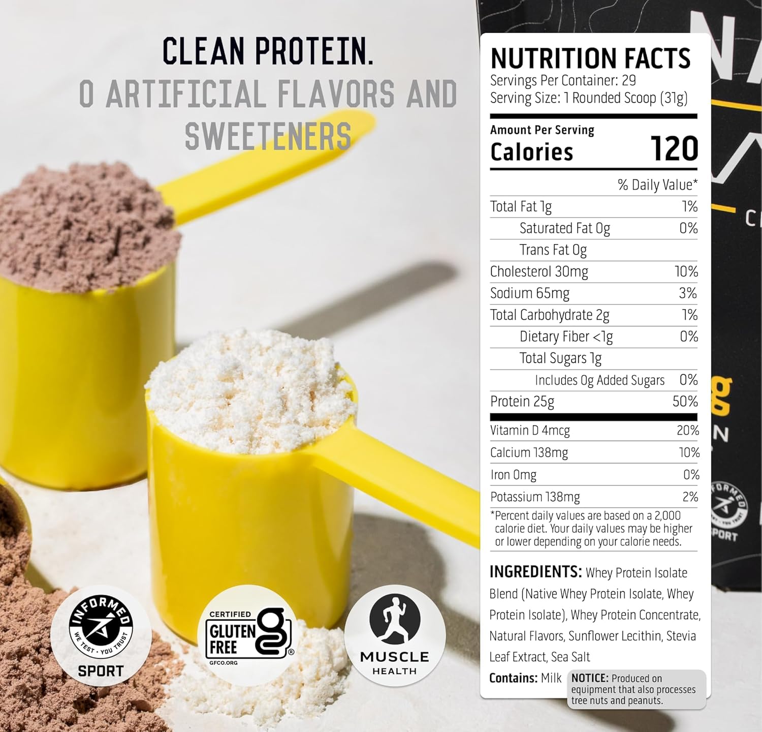 Ascent 100% Whey Protein Powder - Post Workout Whey Protein Isolate, Zero Artificial Flavors & Sweeteners, Gluten Free, 5.5g BCAA, 2.6g Leucine, Unflavored 2 lb