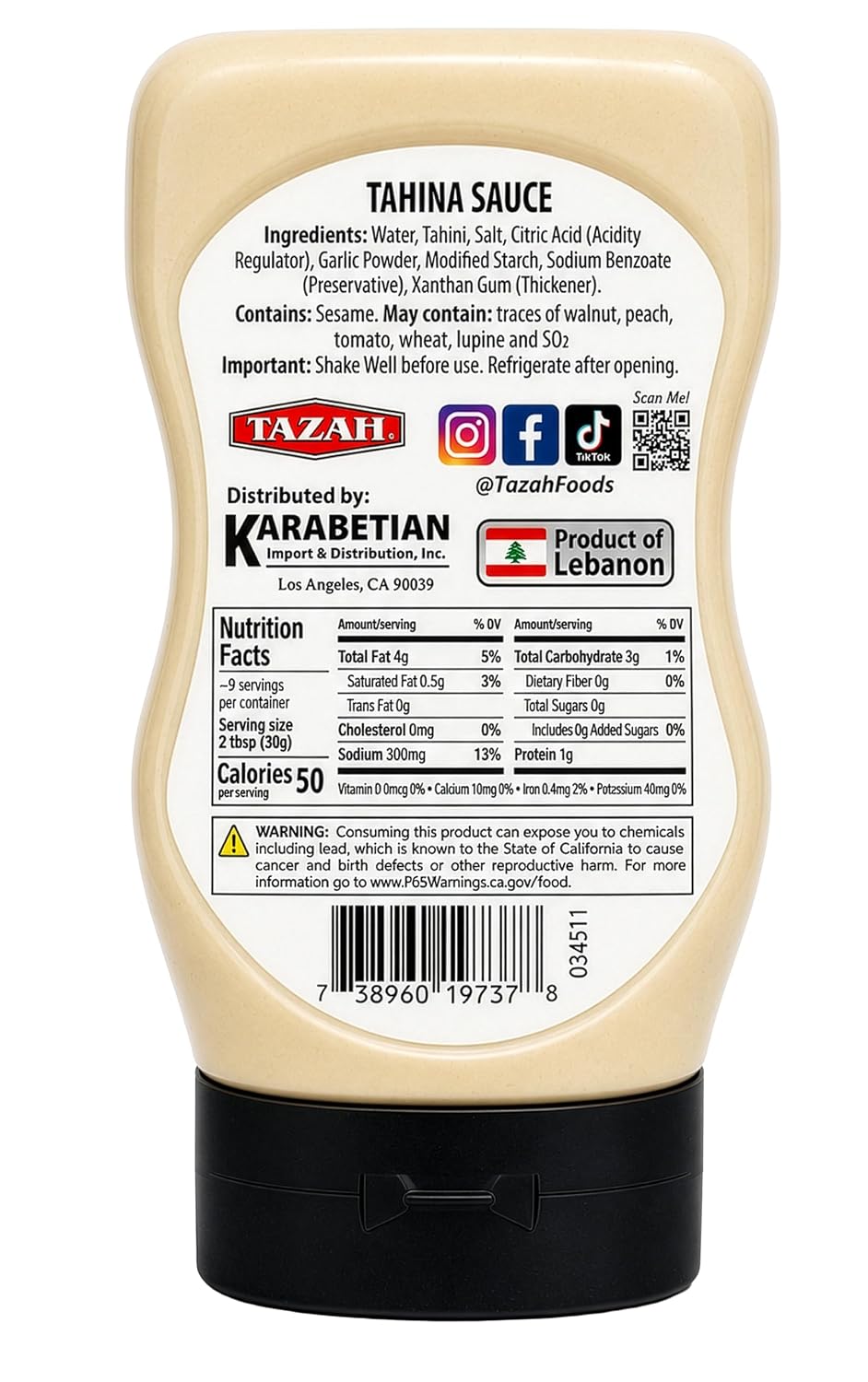 TAZAH Lebanese Tahini Sauce, 9.87 OZ Squeezable Bottle, Tarator Sesame Dressing & Dip for Shawarma, Falafel, Fish, Vegetables