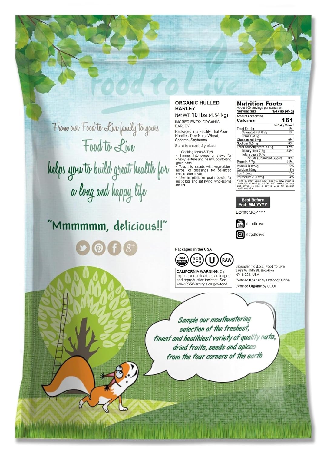 Food to Live Organic Hulled Barley, 15 Pounds – Non-GMO, 100% Whole Grain, Kosher, Vegan, Bulk. Suited for Home Brewing, Grinding. High in Fiber. Great for Chili, Hot Cereal, Salads, Soup.