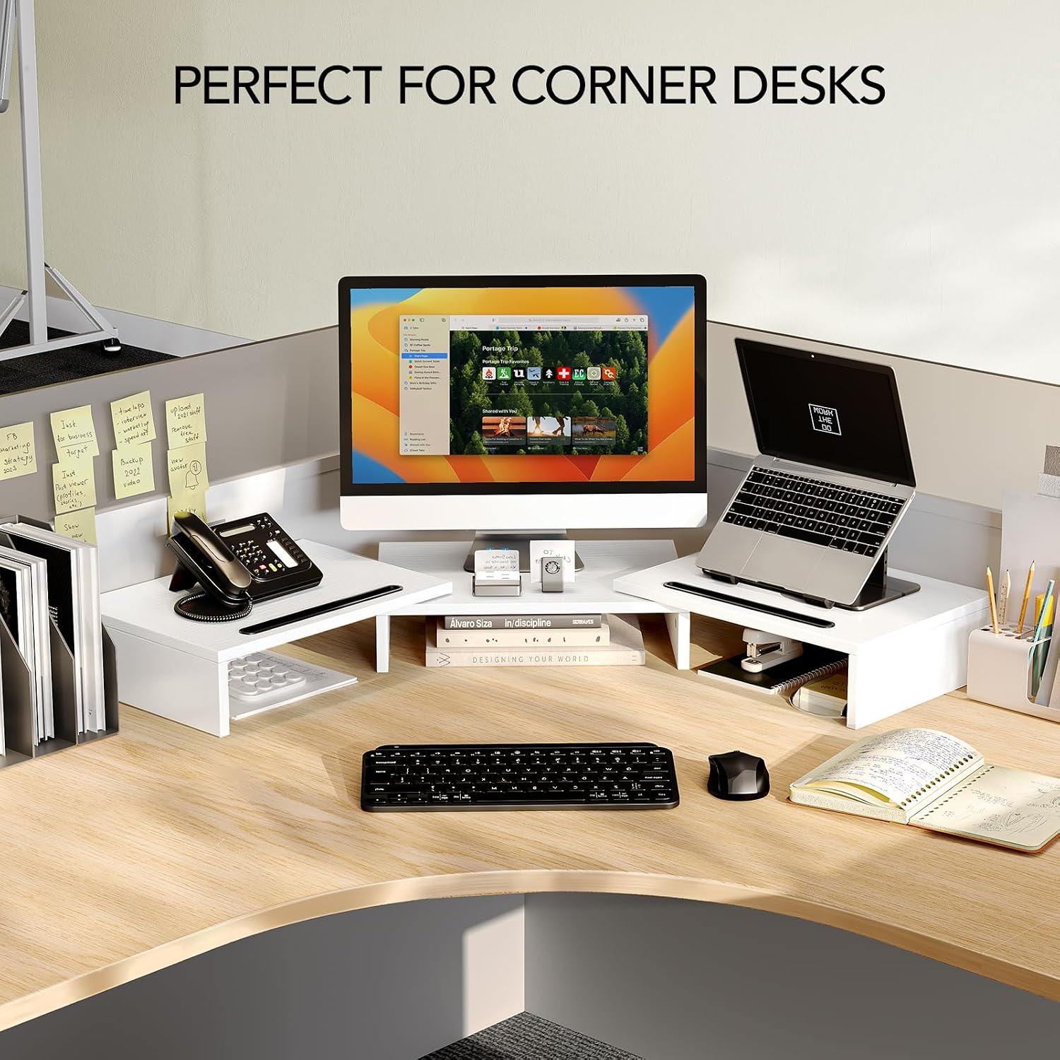 AMERIERGO Dual Monitor Stand Riser- 3 Shelf Screen Stand with Adjustable Length and Angle, 2 Extra Functional Slot Desktop Organizer Stand for PC