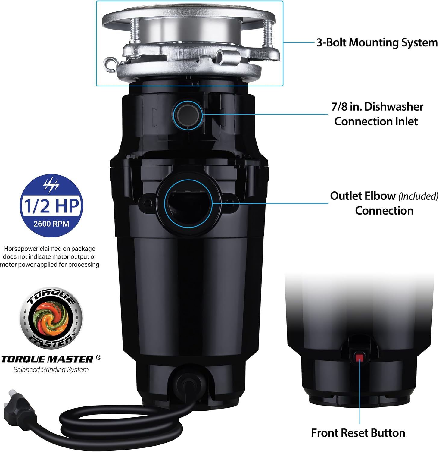 Waste Maid Garbage Disposal, Anti-Jam, Continuous Feed, 1/2 HP Standard | Anti-Jam Stainless Steel Food Waste Grinding System, Quiet Continuous Feed, Easy 3-Bolt Mount, 8-Yr Warranty 10-US-WM-158-3B
