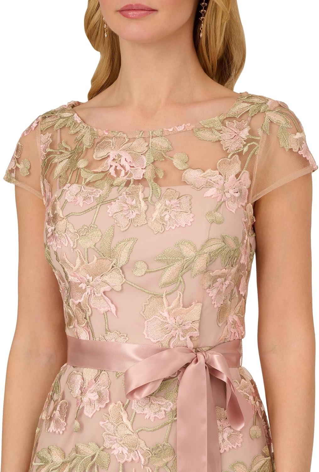 Adrianna Papell Cascading Floral Embroidered Long Column Gown