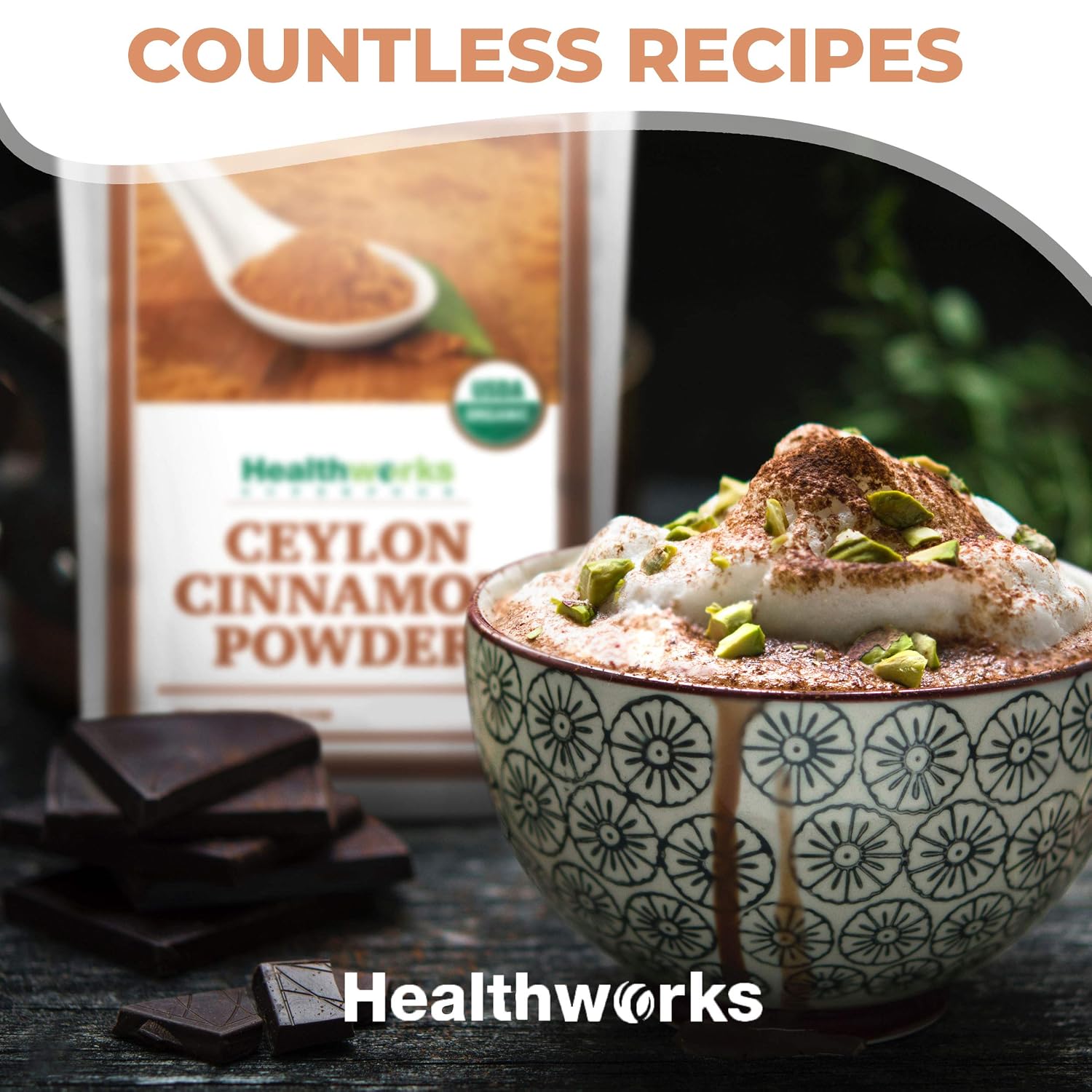Healthworks Superfoods Organic Ceylon Cinnamon Powder 1 lb Ground Raw Vegan | Organic, Ceylon, Ground, Blood Sugar Support, Non-GMO, Vegan, Keto, For Baking, For Cooking, For Tea, Anti-Inflammatory