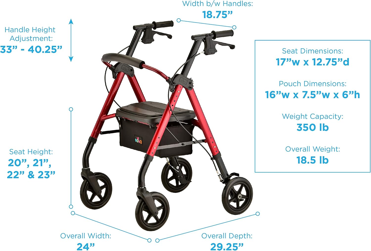 NOVA Star DX Foldable Rollator Walker, Wide Padded Seat, 8” Rugged All-Terrain Wheels, Easy-Grip Locking Hand Brakes, Fold Lock, Height Adjustable