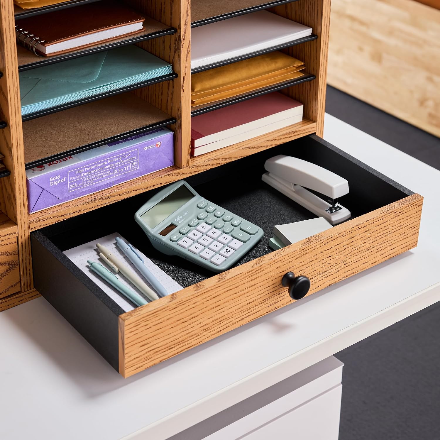 Safco Wooden Paper and Mail Organizer for Home Office and Classroom, Adjustable Shelves and Stackable, 12 Compartments with Drawers, Modern Gray