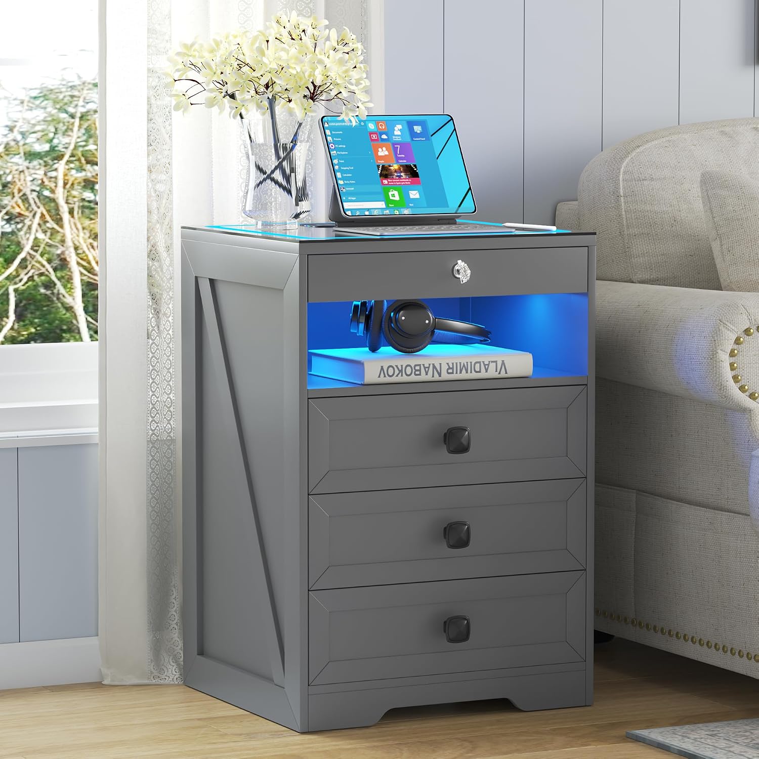 Lvifur LED Nightstand with Lockable Gun Drawer and Human Sensor, Black | USB & Type-C Charging Station, 3 Dimmable Lights, Adjustable Brightness, 3 Drawers, Farmhouse Style, Human Body Induction