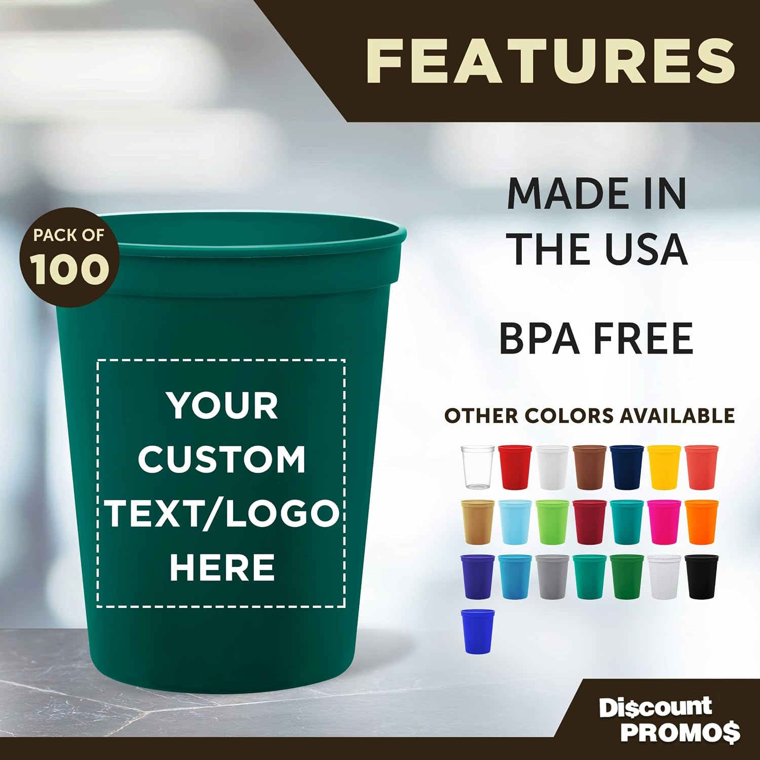 DISCOUNT PROMOS Custom Plastic Stadium Cups 16 oz. Set of 10/50/100, Personalized Bulk Pack - Perfect for Birthdays, Weddings, Picnic, Beach