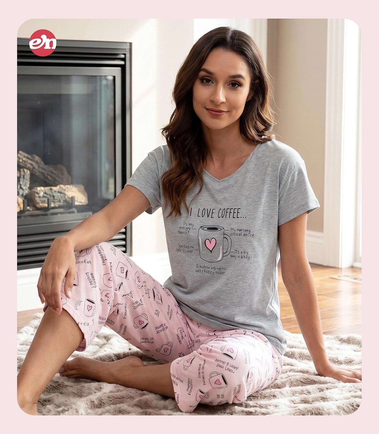 ENJOYNIGHT Womens Pajama Set Cotton Short Sleeve Top With Capri Pants Pj