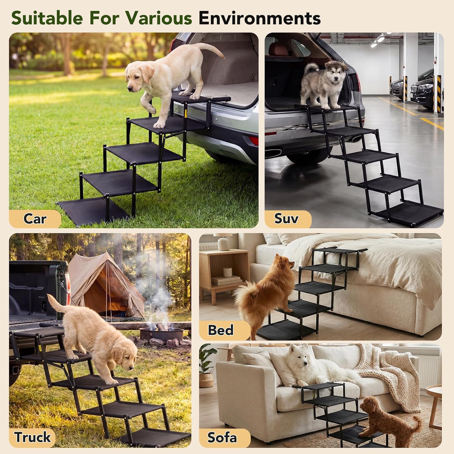 Dog Ramp for Car, Foldable 5-Step Dog Stairs for Small Dogs, 150 Lbs | Non-Slip Oxford Surface, Sturdy Steel Frame, Anti-Scratch Handle
