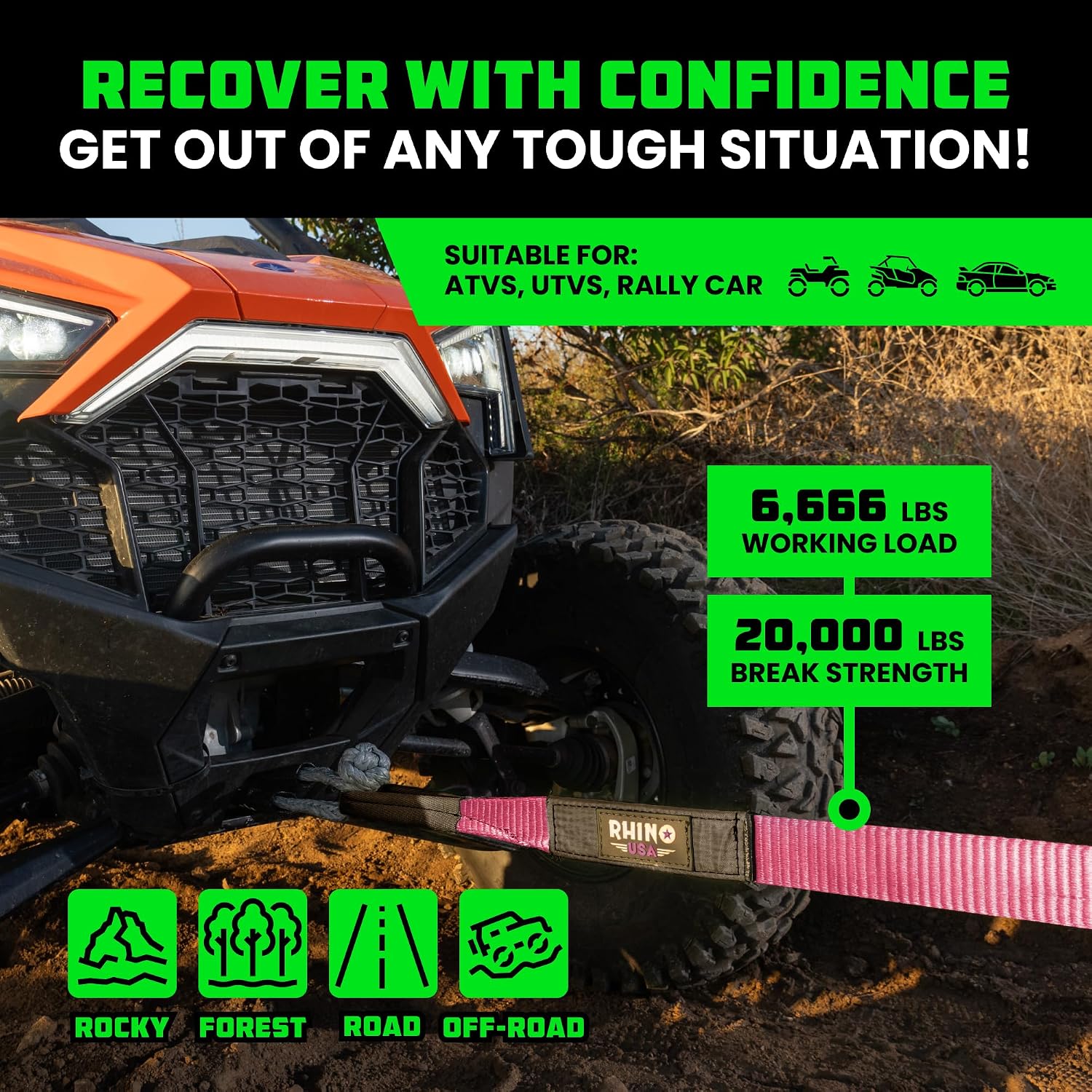 Rhino USA Recovery Tow Strap (3in x 30ft) - 31,518lb Heavy Duty Towing | 31,518lb Break Strength Emergency Tow Strap, Extended 30ft Length. For Truck, UTV, ATV & Jeep Offroad Recovery. Black