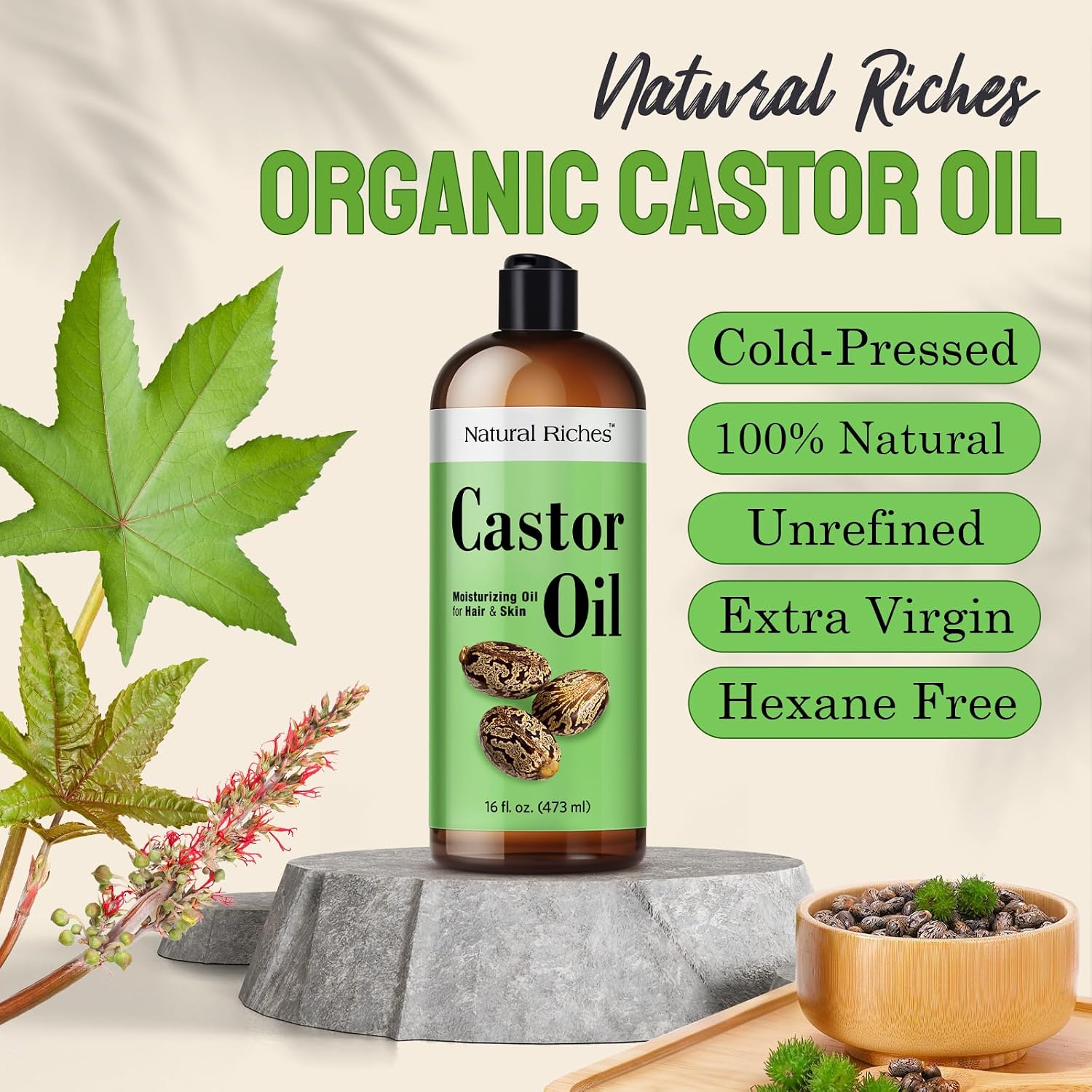 Natural Riches Castor Oil Cold pressed for Dry Skin Hair Loss Dandruff Thicker Hair - Moisturizes heals Scalp Skin Hair growth Thicker Eyelashes & Eyebrows