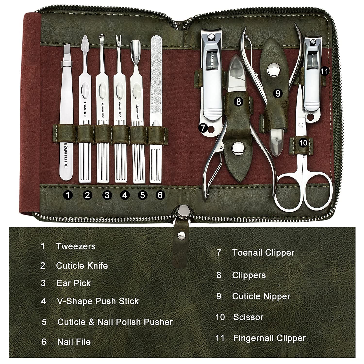 FAMILIFE Stainless Steel Manicure Set 11-in-1 Professional Nail Clipper Kit