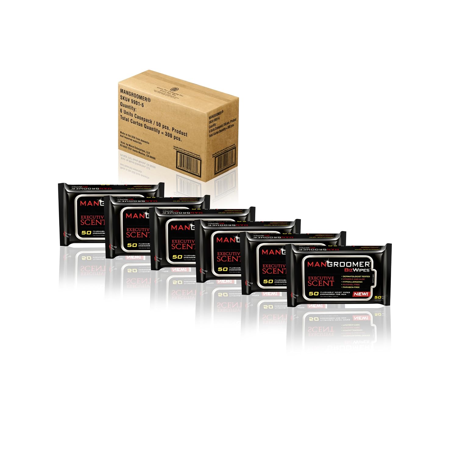 MANGROOMER Biz Wipes Flushable Moist Personal Wipes Engineered for Men, Executive Scent, 50 Wipes (Pack of 6), 300 Count