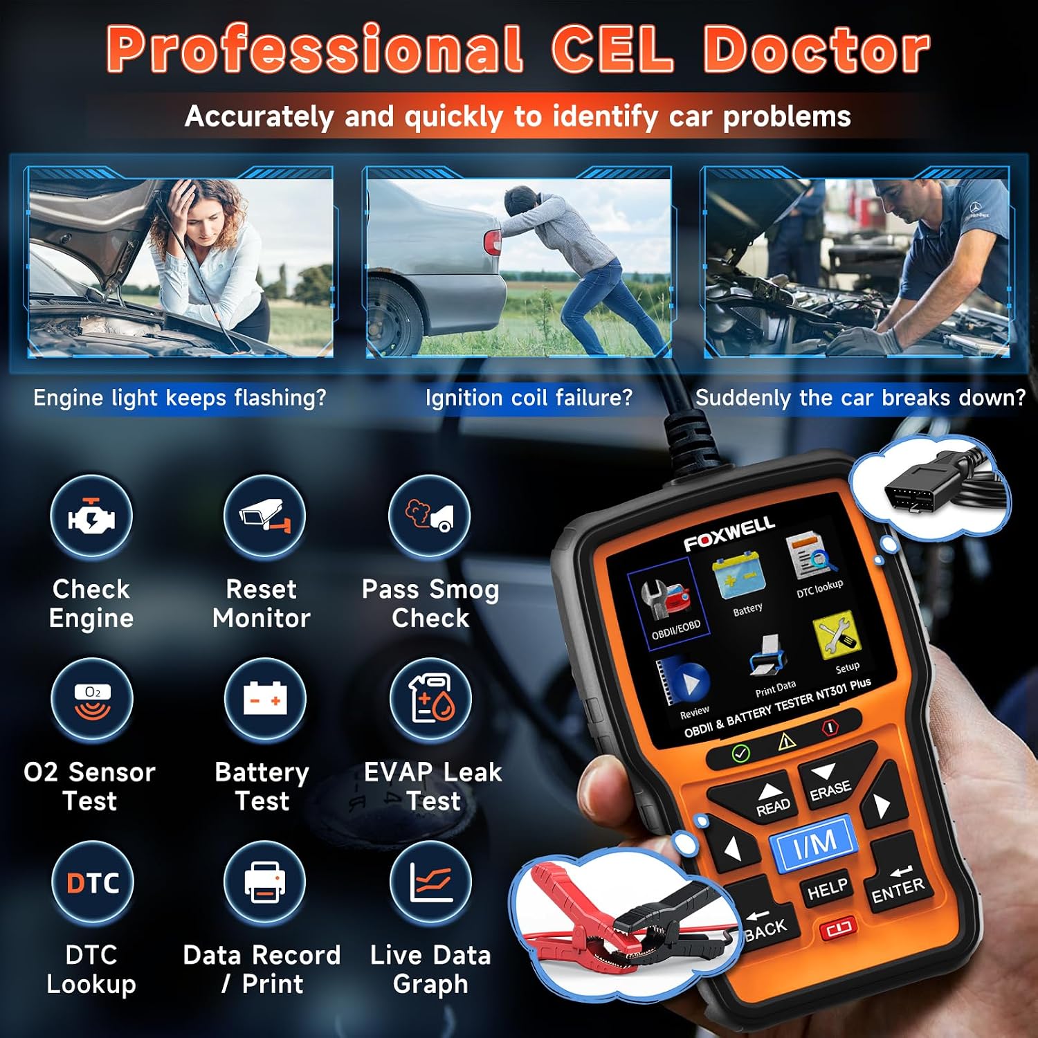 FOXWELL NT301 Plus 2 IN1 OBD2 Scanner Battery Tester with Storage Case Code Reader Scan Tool