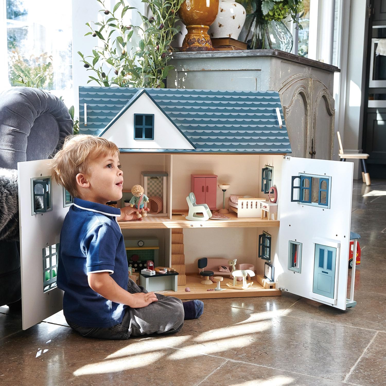 Tender Leaf Toys - Dovetail House - Large Luxury 27.36" Tall 3 Story Doll House with 6 Rooms - Gender-Neutral Dollhouse - Encourage Creative and