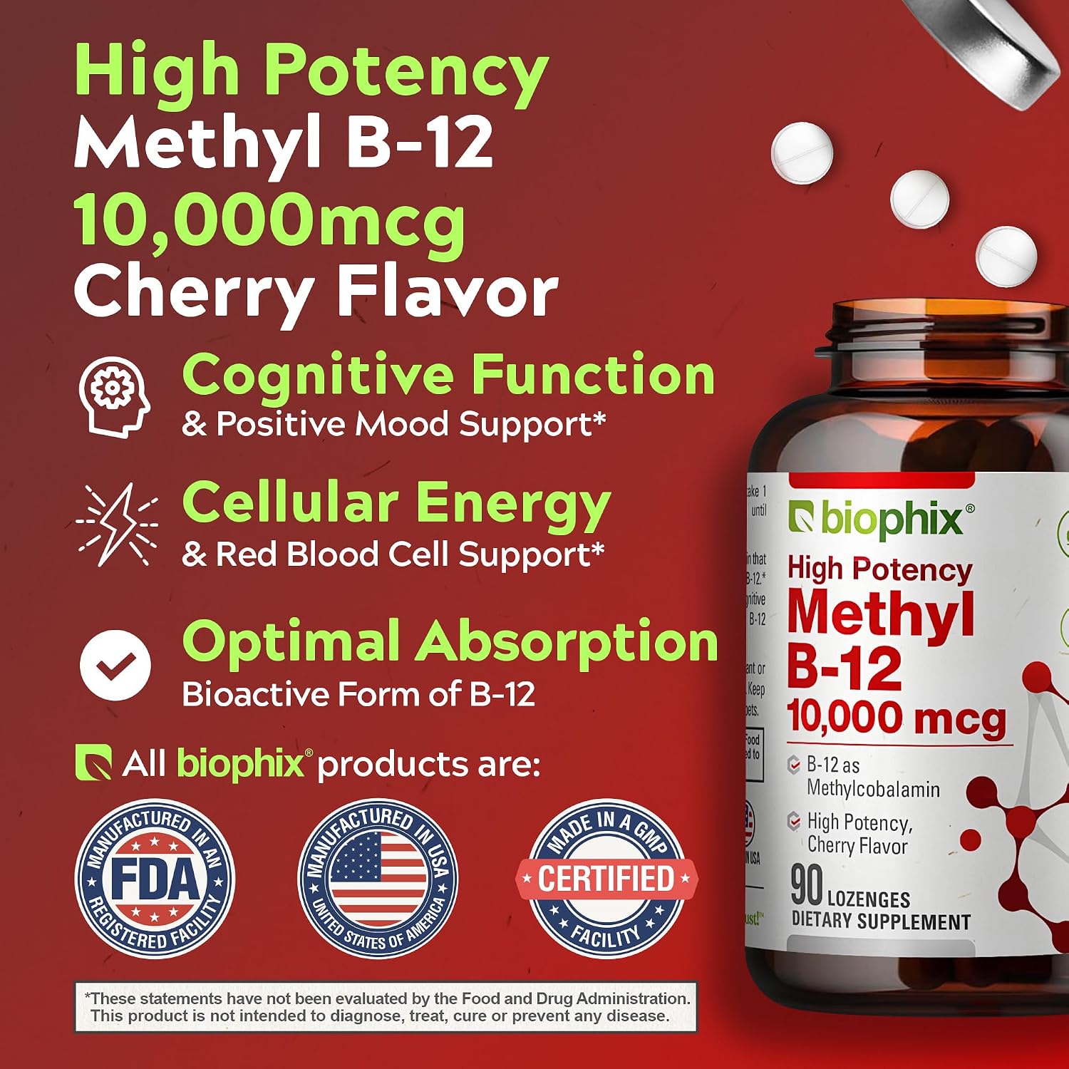 biophix Methyl B-12 10000 mcg 90 Vegan Lozenges Cherry Flavor Extra Strength - Supports Nervous System Immune Health Blood Flow Metabolism Brain