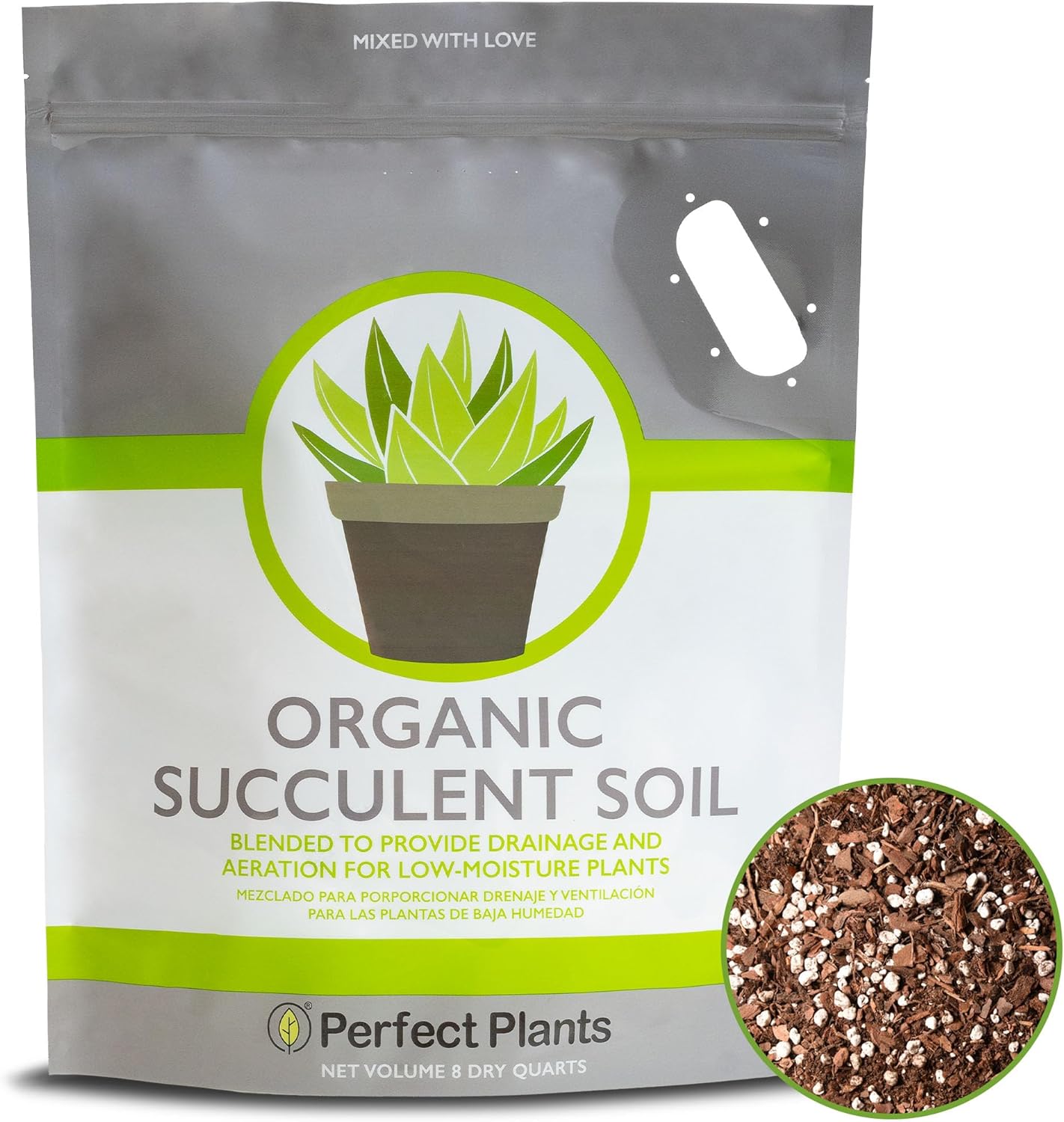 Perfect Plants Succulent & Cactus Soil, 8 qt, Organic Potting Mix | Fast draining blend of peat moss, composted pine bark, perlite and lime for the dry roots cacti love, resealable bag