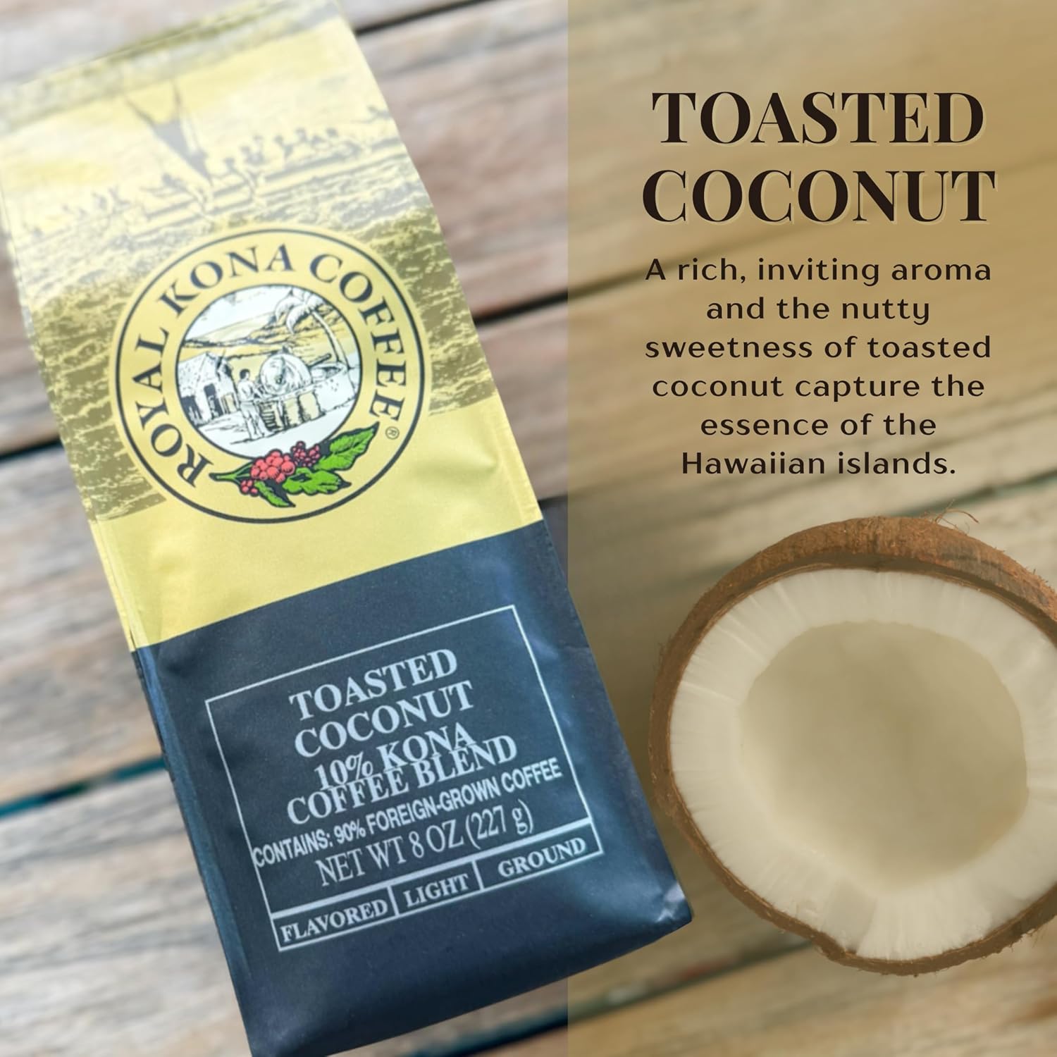 ROYAL KONA COFFEE - Medium Roast Ground Coffee, Vanilla Macadamia Flavor, 8 Ounce