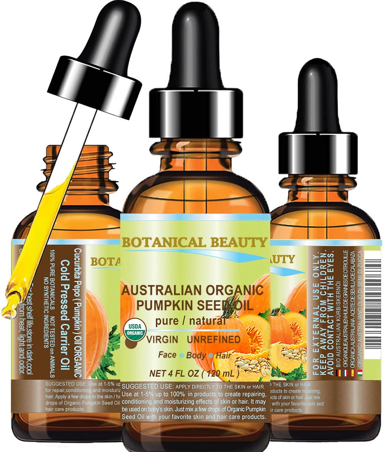Botanical Beauty Australian ORGANIC PUMPKIN SEED OIL 100% Pure Natural Virgin Unrefined Cold Pressed Carrier Oil. 1 Fl.oz.- 30 ml. for Face, Skin, Hair, Lip, Nails