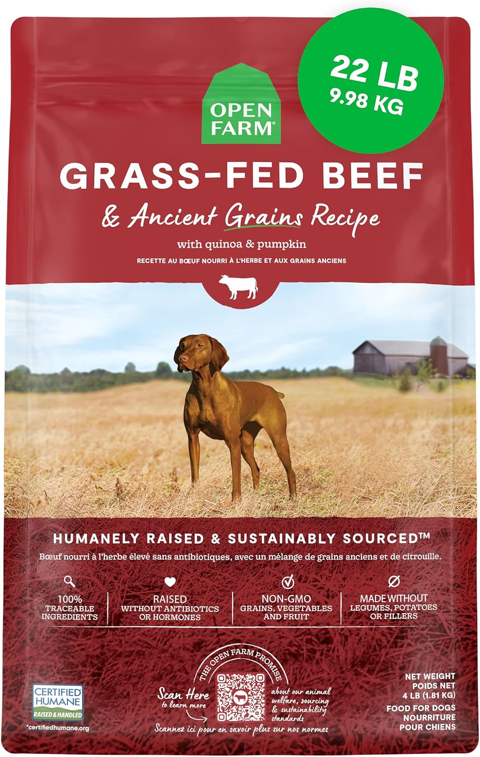 Open Farm Ancient Grains Dry Dog Food, Grass-Fed Beef Kibble, 11lb Bag