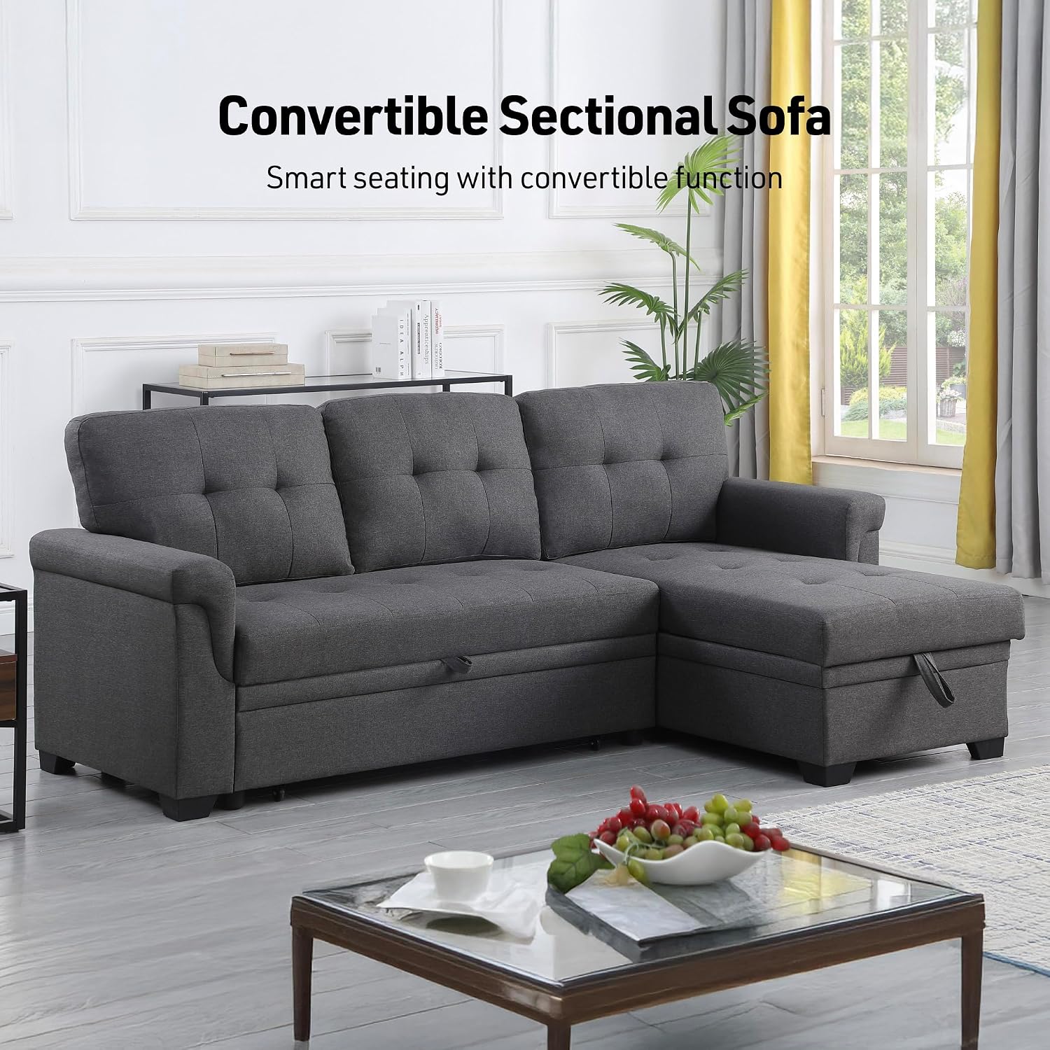 Lilola Home Convertible Sectional Sleeper Sofa Bed 84 Inch, L Shaped Couch with Pull Out Bed, Storage Chaise, Removable Back Cushions for Living Room, Office, Linen Fabric, Dark Gray