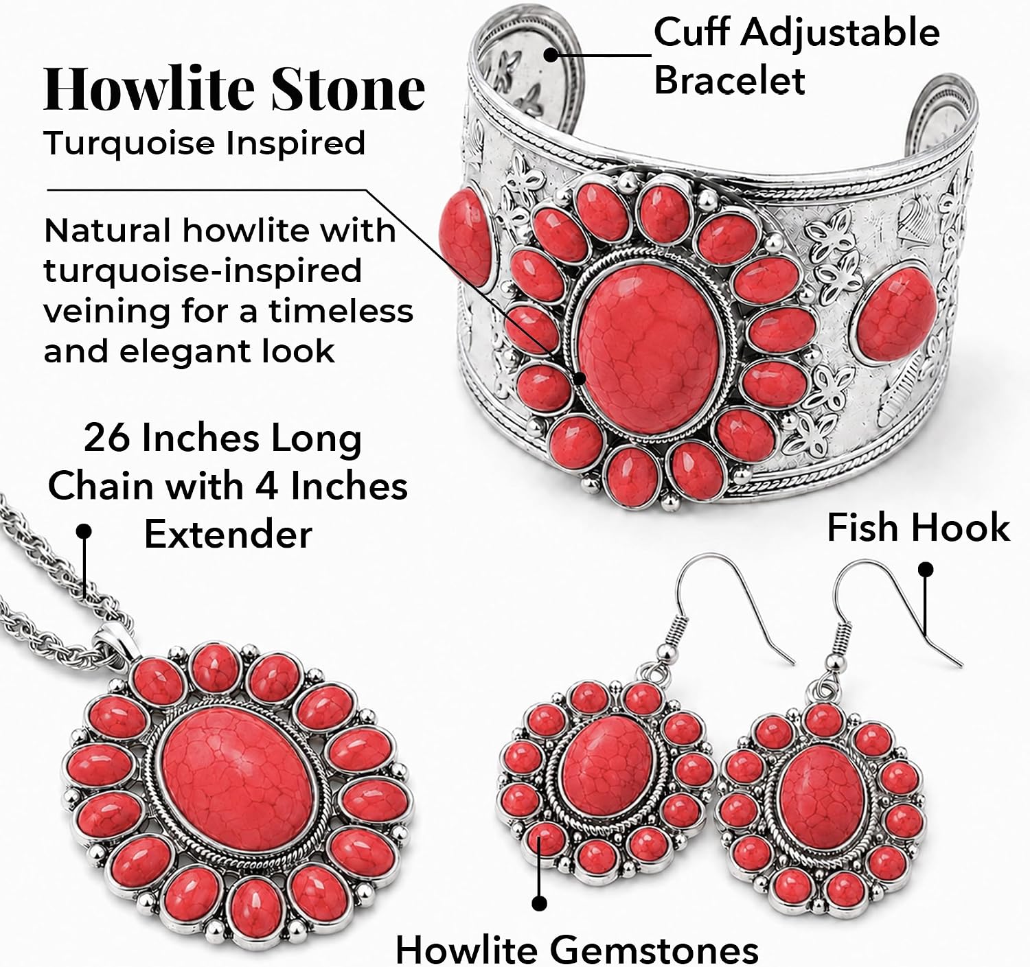 Shop LC Howlite Western Jewelry Set for Women Boho Cowgirl | 3-Piece Necklace Bracelet Earrings, Turquoise-Inspired, Chunky Statement, Southwestern