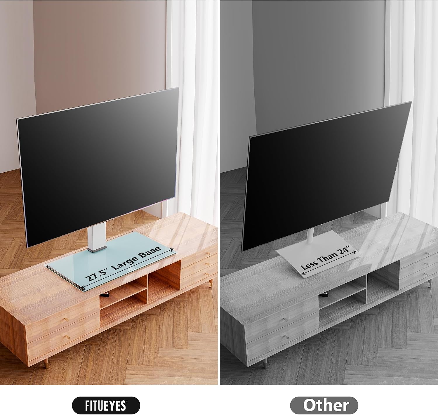 FITUEYES Universal TV Stand with Swivel Mount for 50-85 inch Flat Screens - Height Adjustable Tempered Glass Base Holds up to 143 lbs