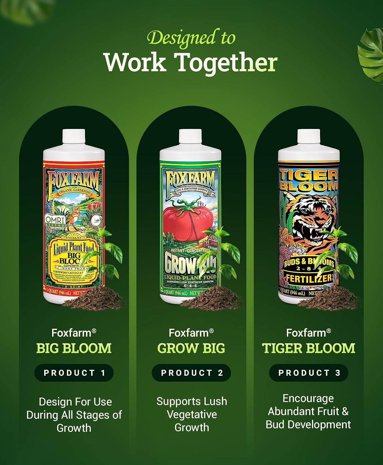 FoxFarm Soil Liquid Trio Pack - Big Bloom, Grow Big, Tiger Bloom Fertilizers Supports Vigorous Plant Growth, Bud Development & Abundant Fruit - Complete Liquid Plant Food Set - 3 Pint Bottles