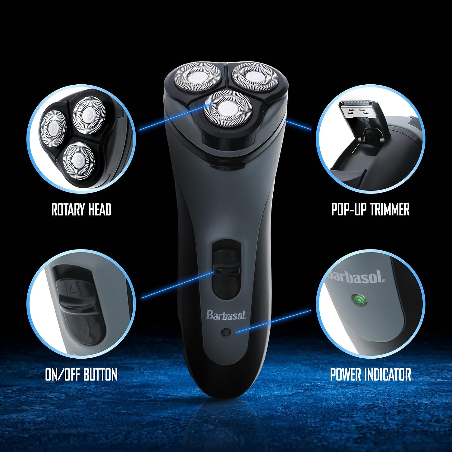 Barbasol Rotary Shaver, Rechargeable Electric Rotary Shaver with Stainless Steel Blades, Pop-Up Trimmer, Wireless Cordless Electric Razor, Close Shave