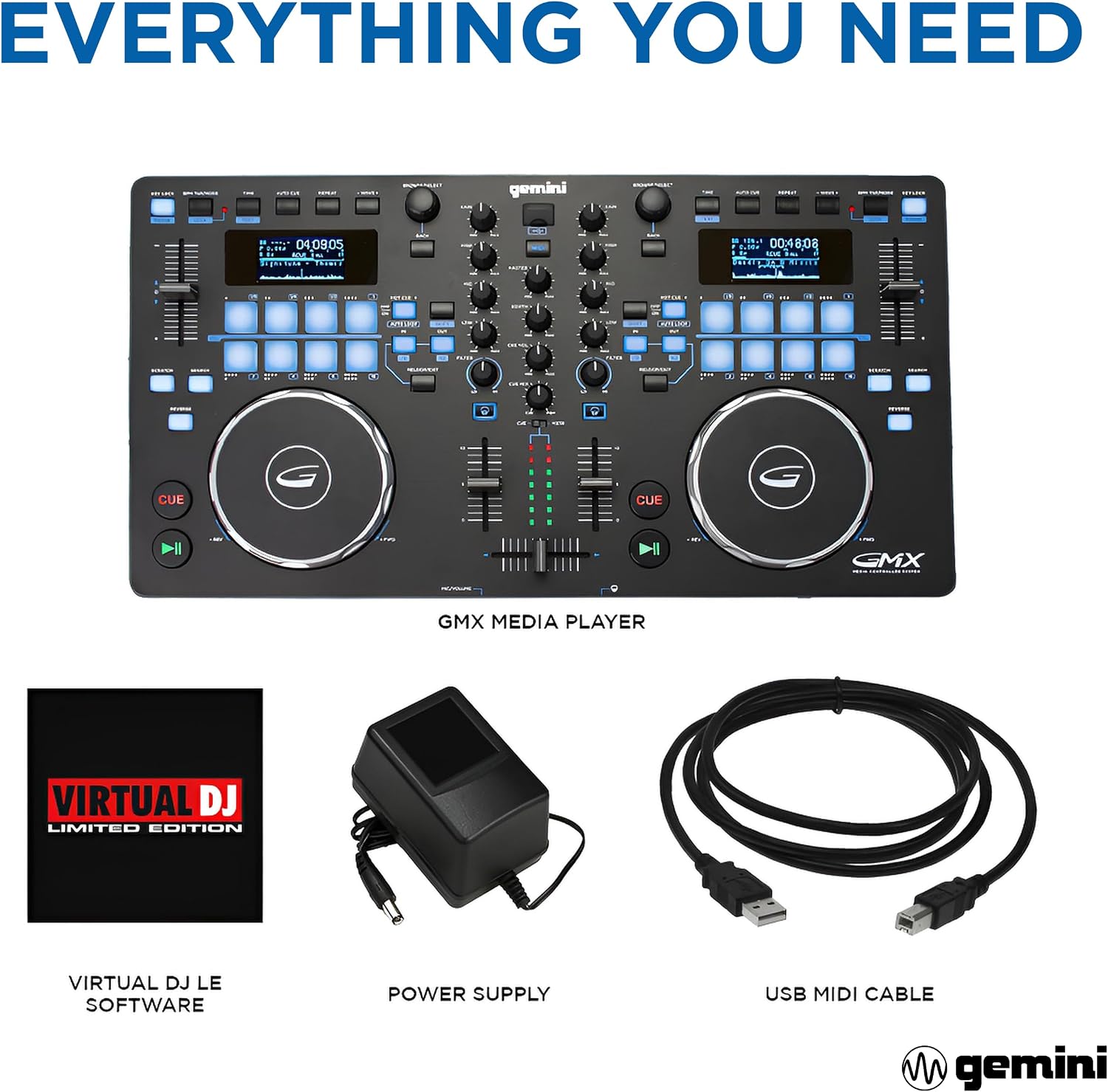 Gemini USB DJ Controller & Media Player, VirtualDJ LE (GMX) | USB DJ controller & media player - touch jog wheels, dual screens - VirtualDJ LE