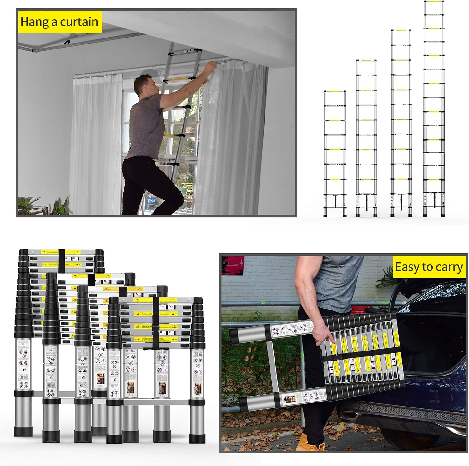Telescoping Extension Ladder 12.5FT, Aluminum Telescopic Ladders with Carry Bag for Outdoor Indoor Use