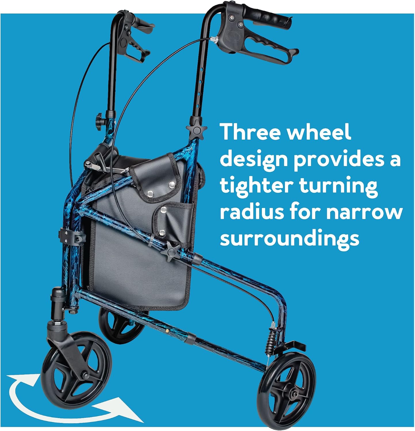 Carex 3 Wheel Walker for Seniors, Foldable, Rollator Walker with Three Wheels, Three Wheel Rolling Walker Height Adjustable for Seniors, Blue, Trio